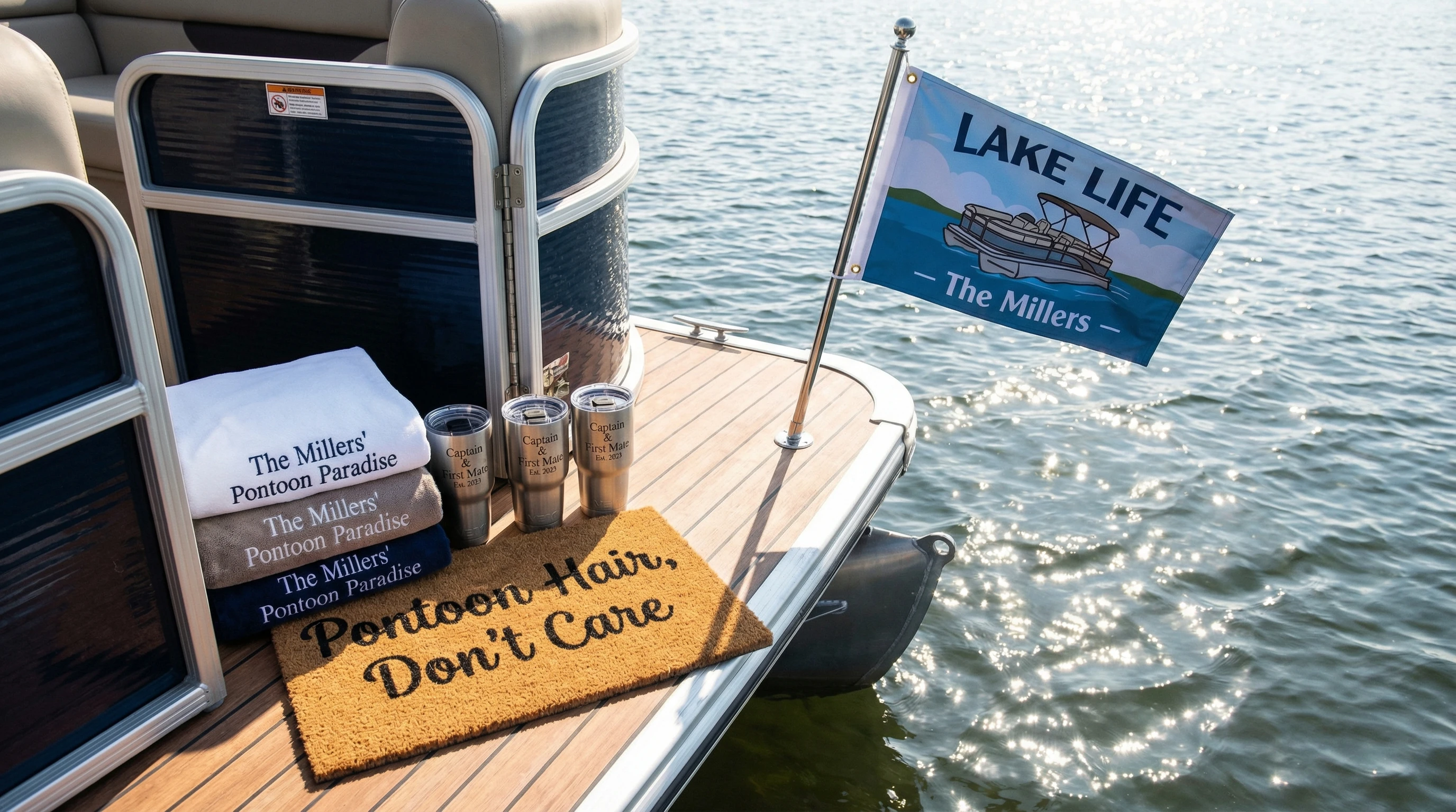 Personalized pontoon gift items arranged on a boat deck next to water, including custom towels, engraved cooler, and a unique welcome mat.