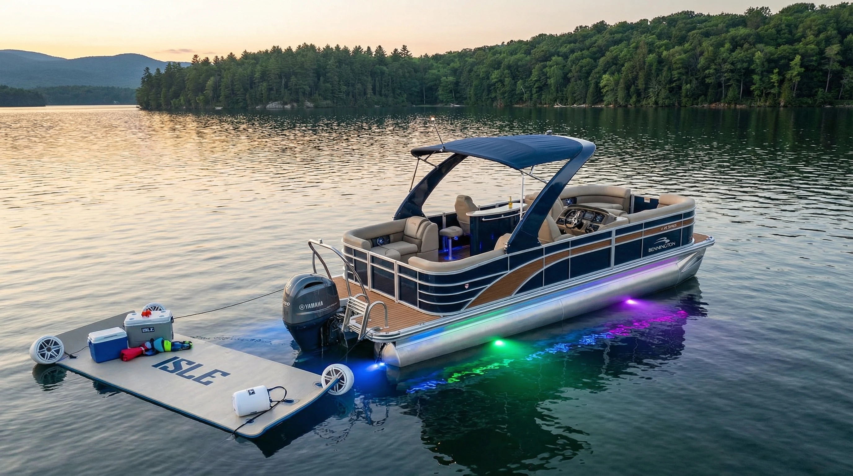 Luxury pontoon boat on a peaceful lake with accessories