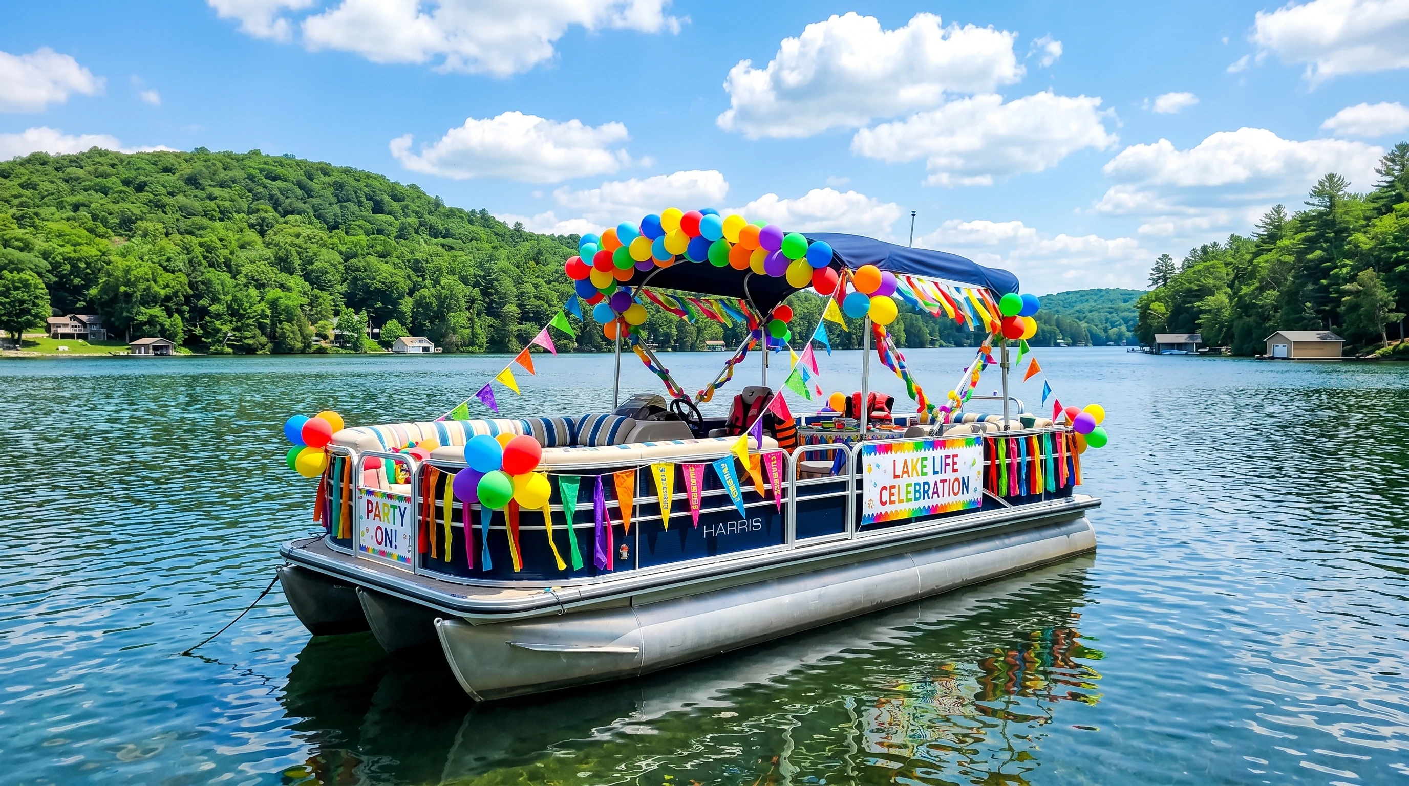 Pontoon boat celebration setup on a lake with bright decorations, balloons, and a festive atmosphere