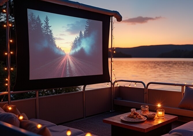pontoon boat movie night setup with screen and projector
