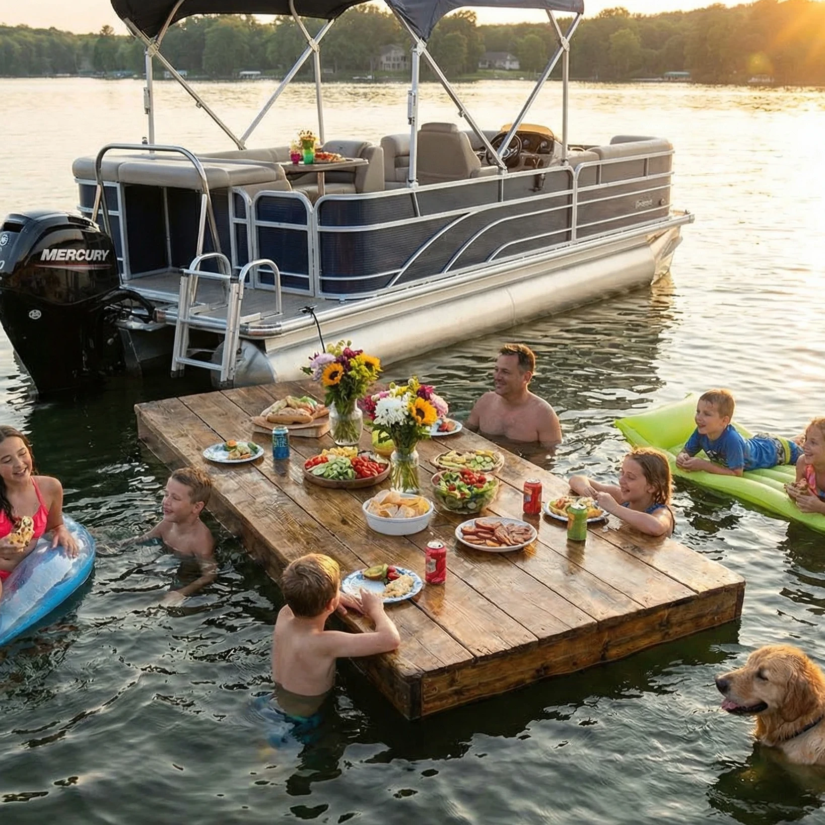 family enjoying a floating picnic