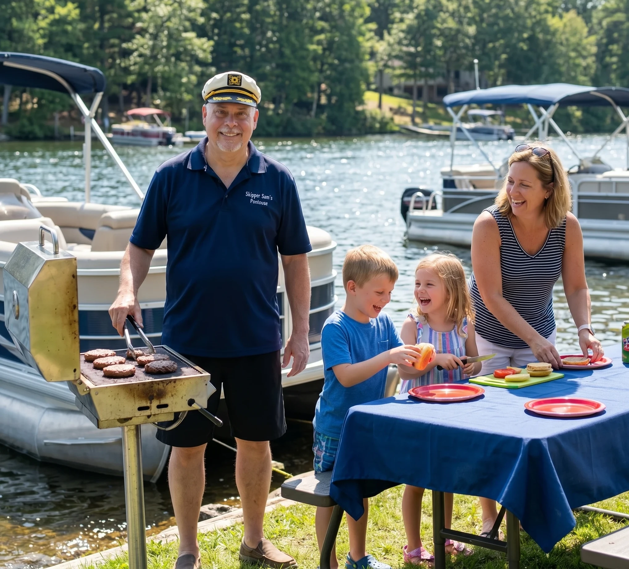 Skipper Sam grilling by the lake with family