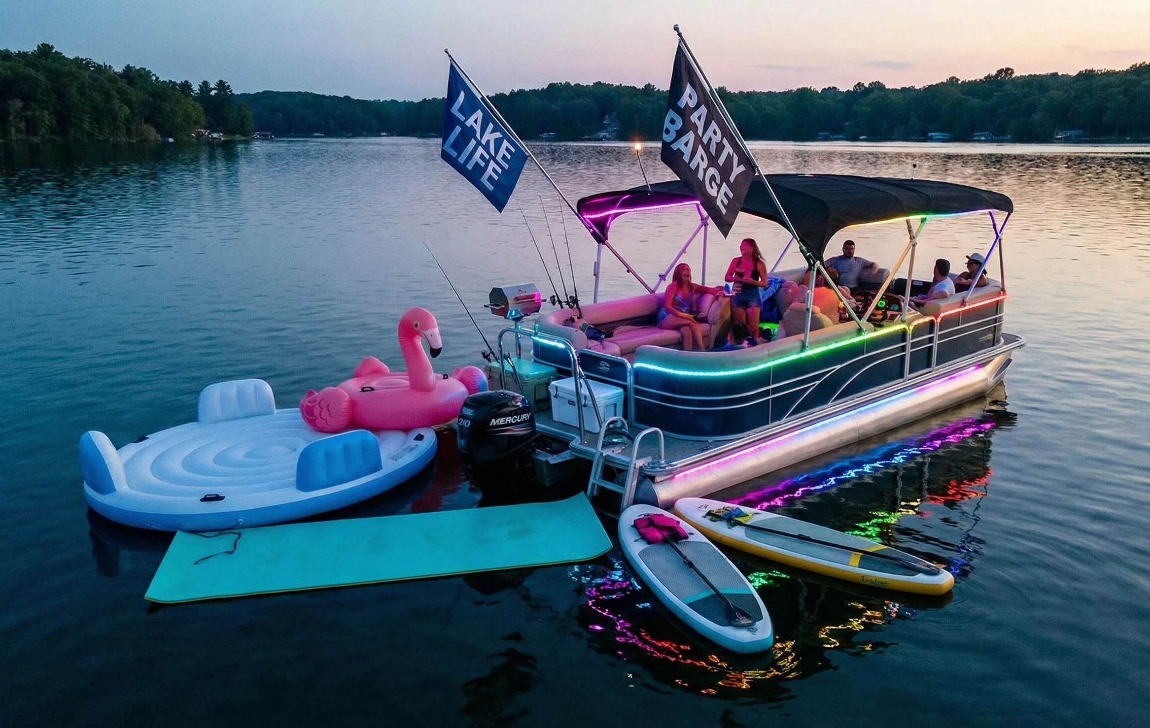 pontoon cruising on a sunny lake with floating accessories & fun lighting