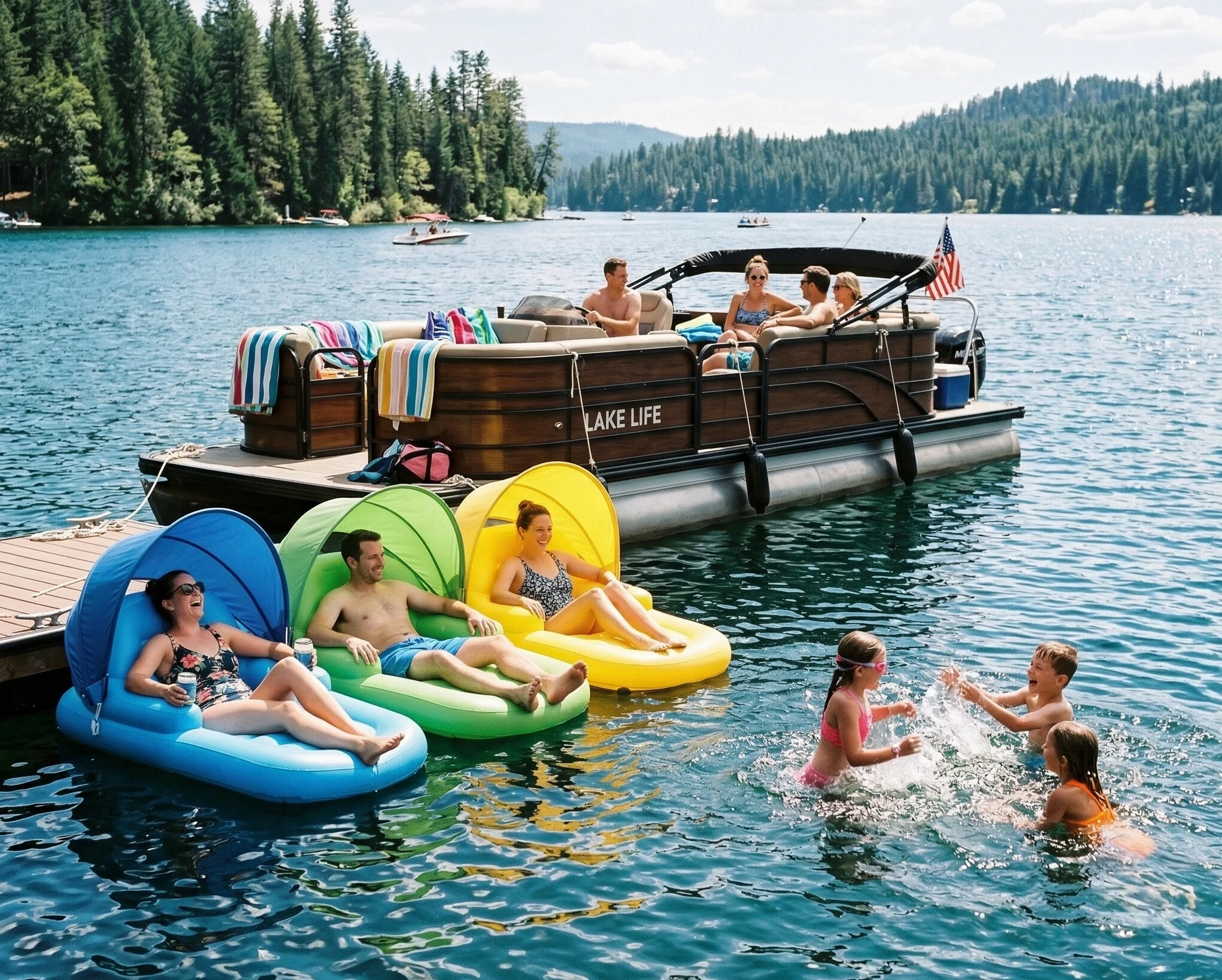 Kids swimming and playing on floats beside an anchored pontoon boat during a birthday party