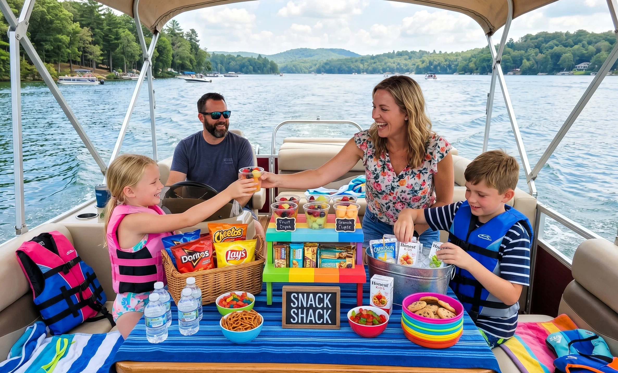 — Birthday party snack spread on a pontoon boat table with kids in life jackets