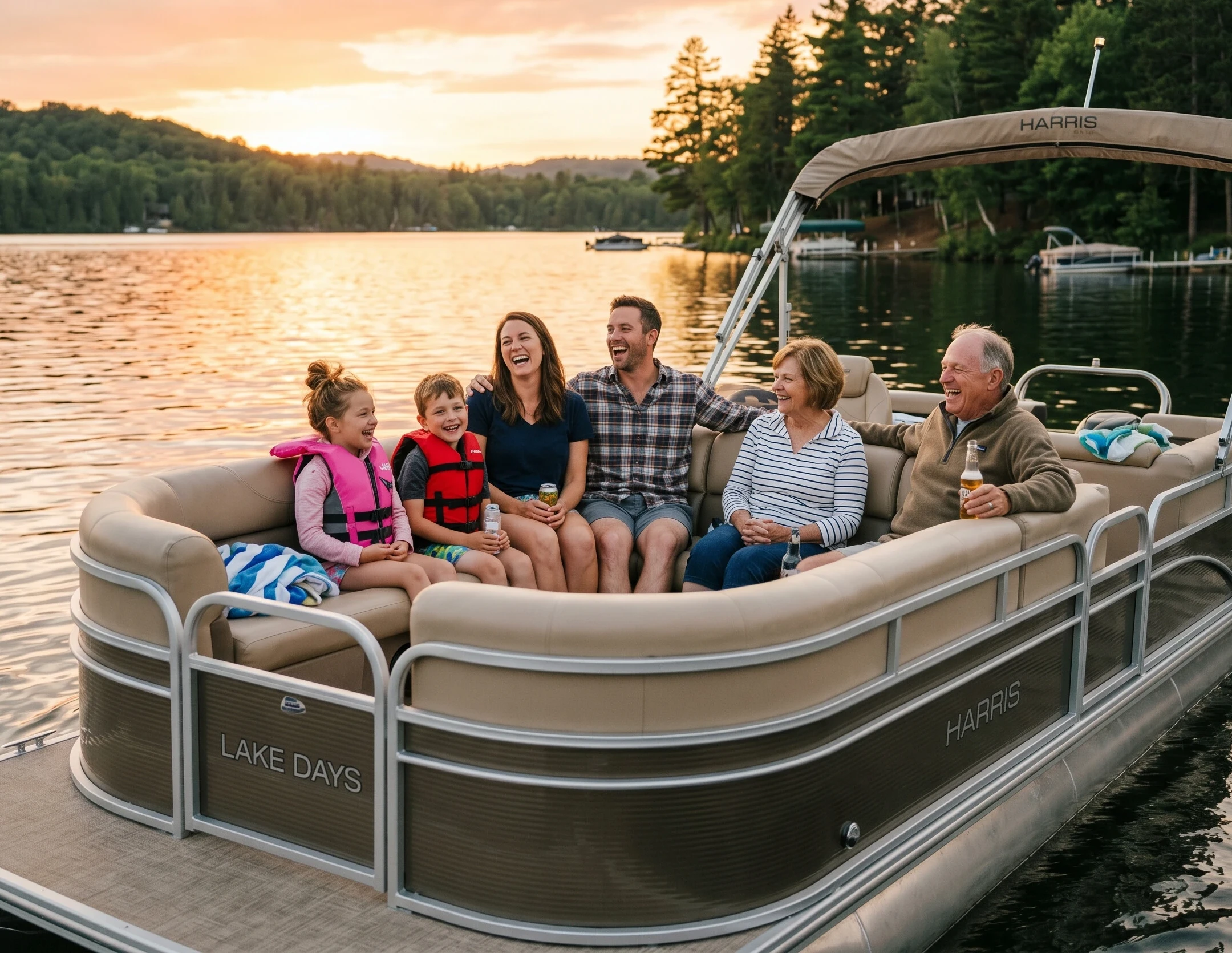 — Multi-generational family celebrating a birthday on a pontoon boat at sunset