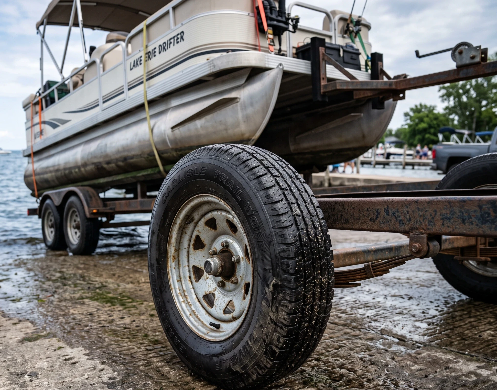 Pontoon boat on a trailer ready to launch, trailer tires in focus]