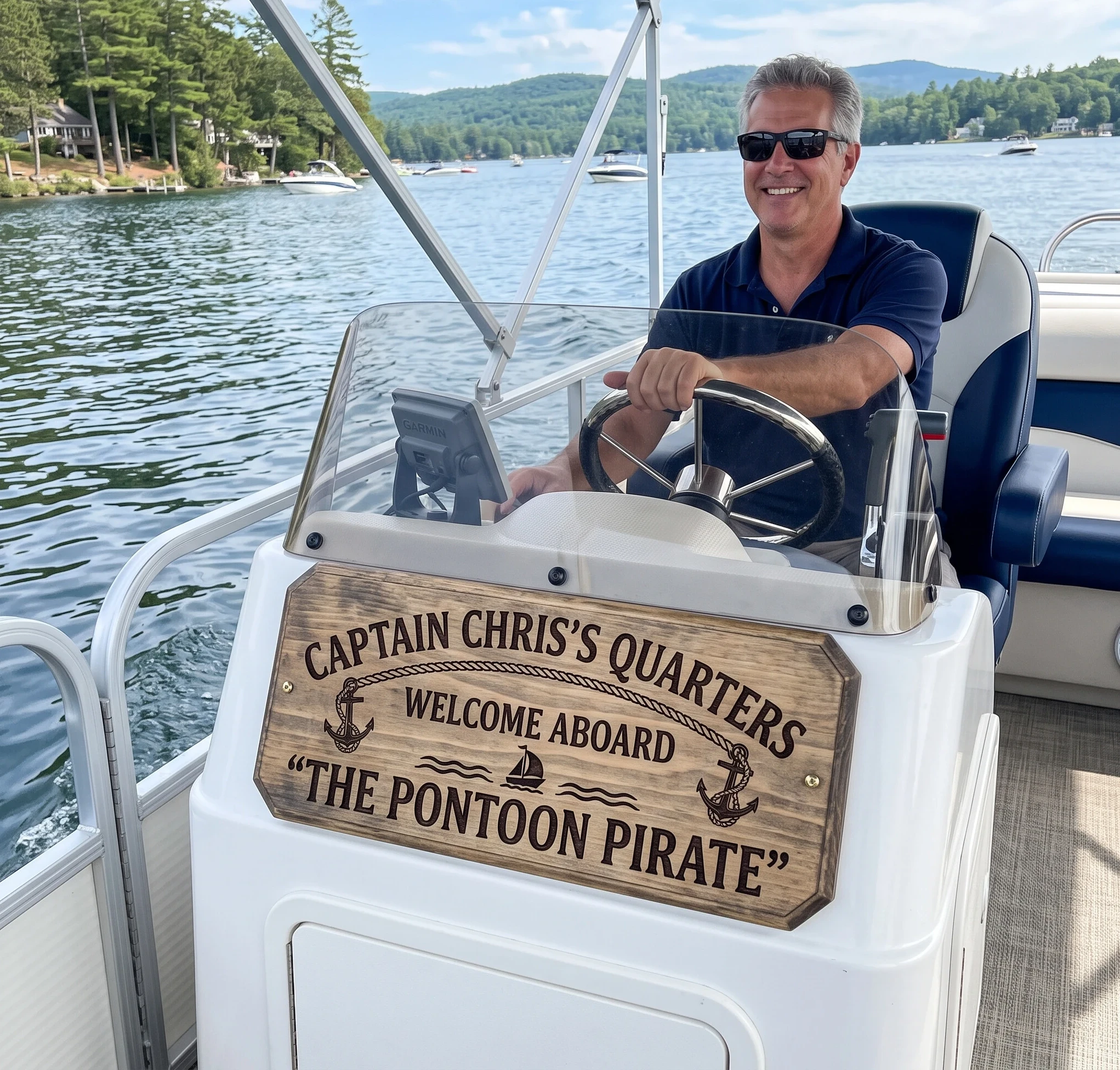 Personalized captain’s sign on a pontoon boat