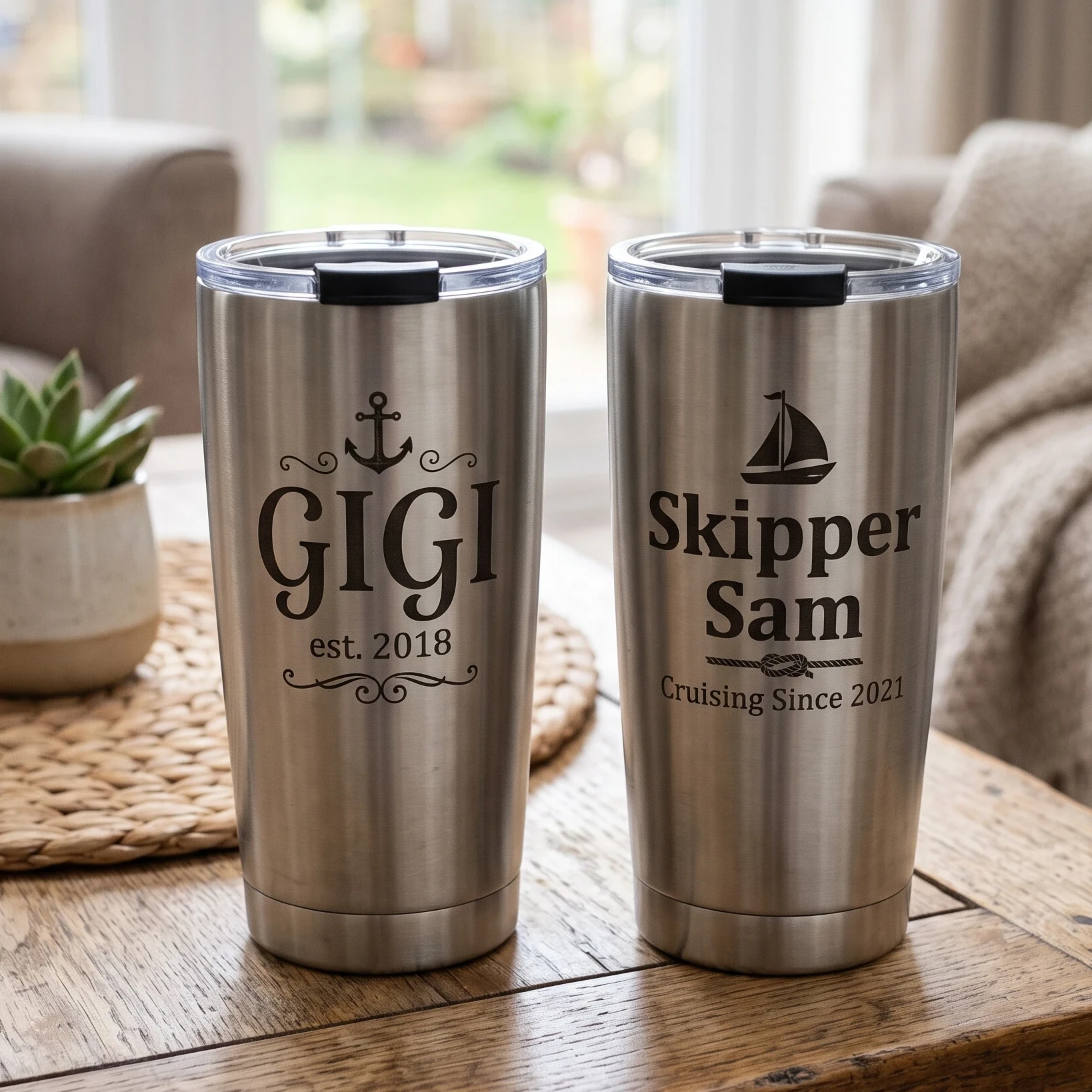 Personalized engraved tumblers on a pontoon boat