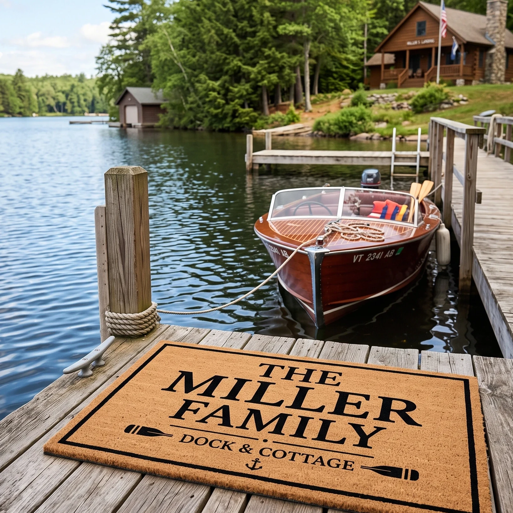 Personalized dock mat for a pontoon family