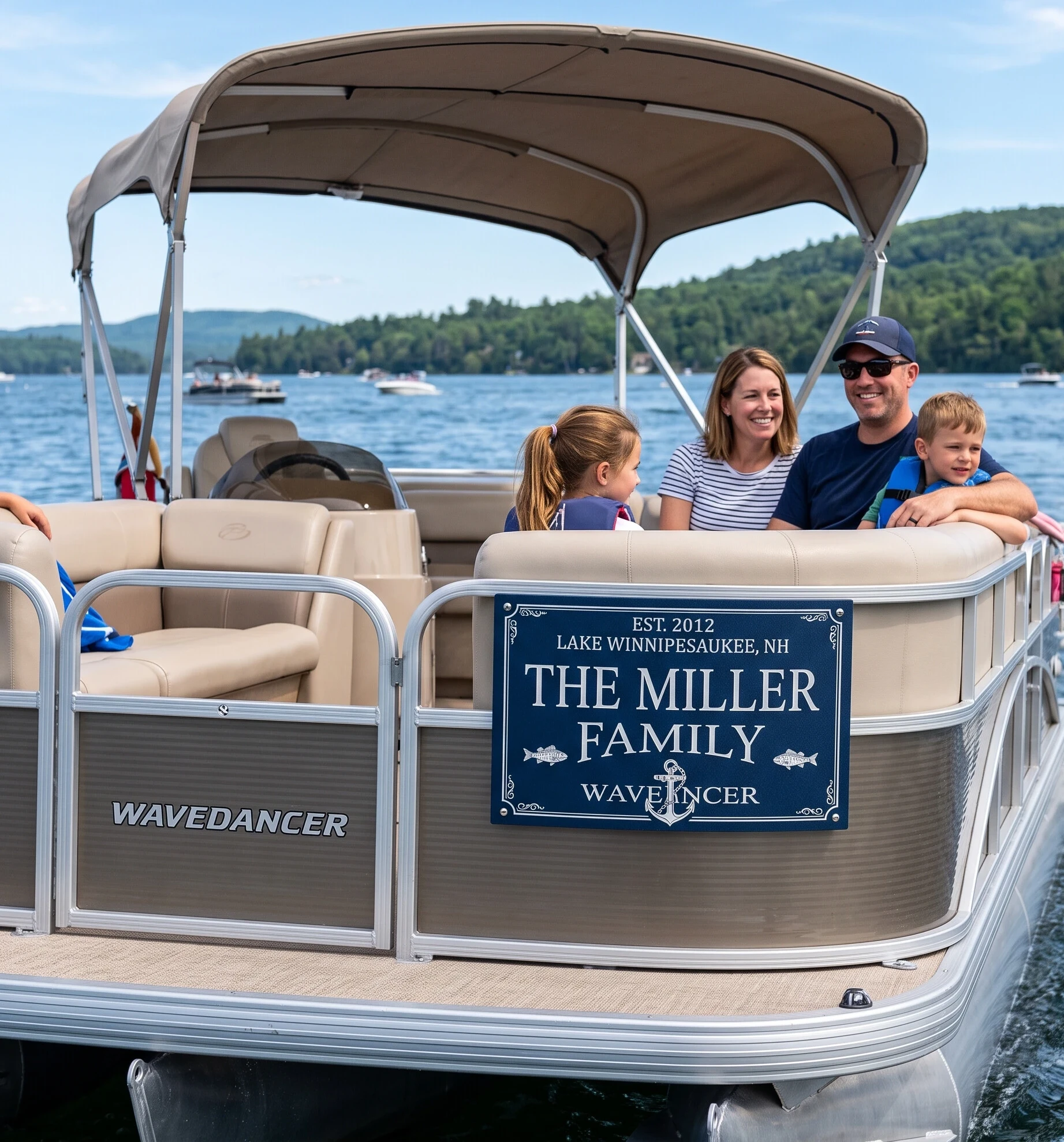 Custom family name plaque on a pontoon boat