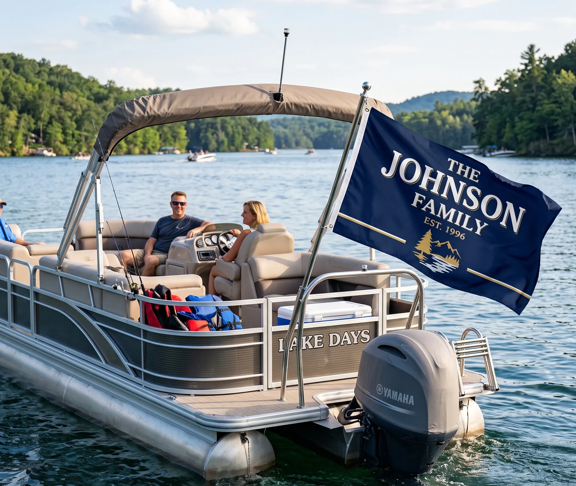 Personalized pontoon boat flag on the water