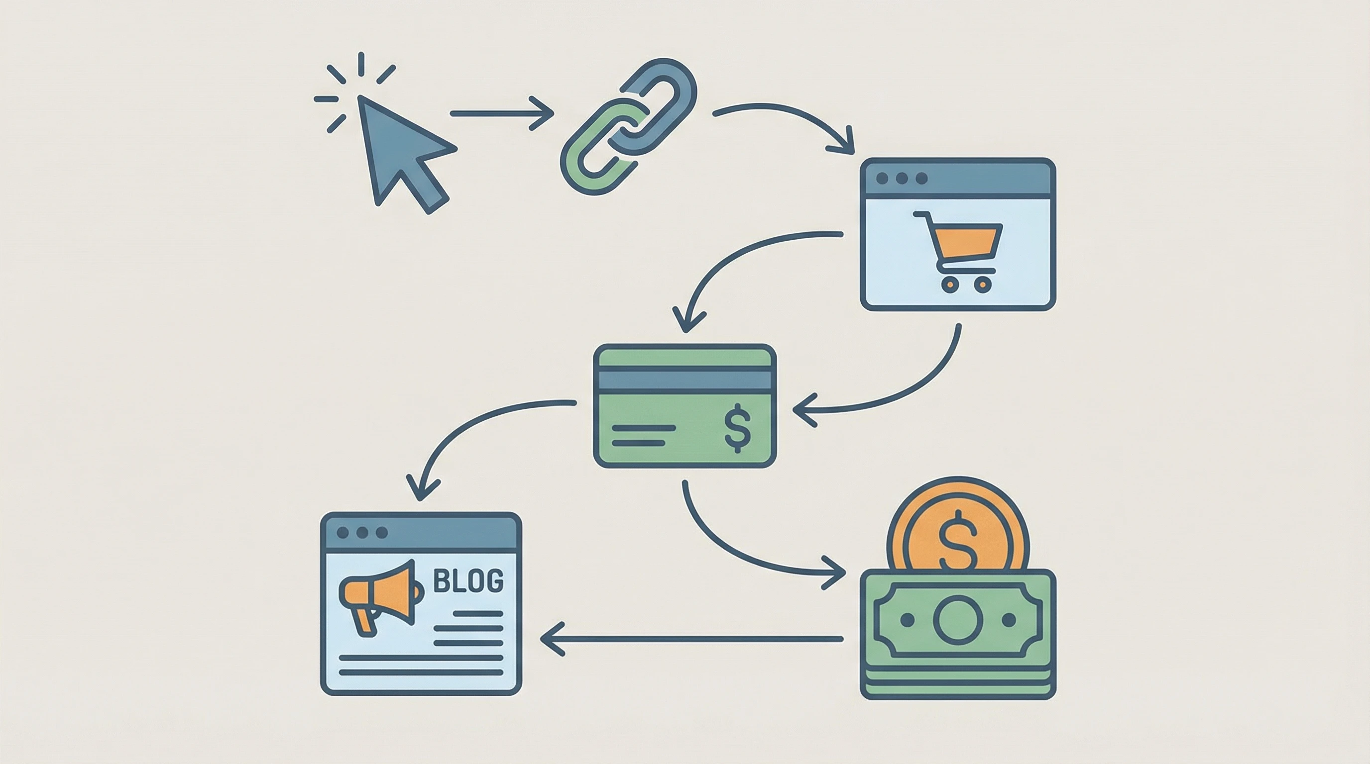 Diagram showing the basic flow of affiliate marketing: user clicks affiliate link, buys product, commission paid to affiliate