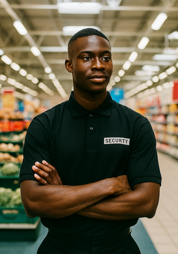 the narrator at his post as a supermarket security guard