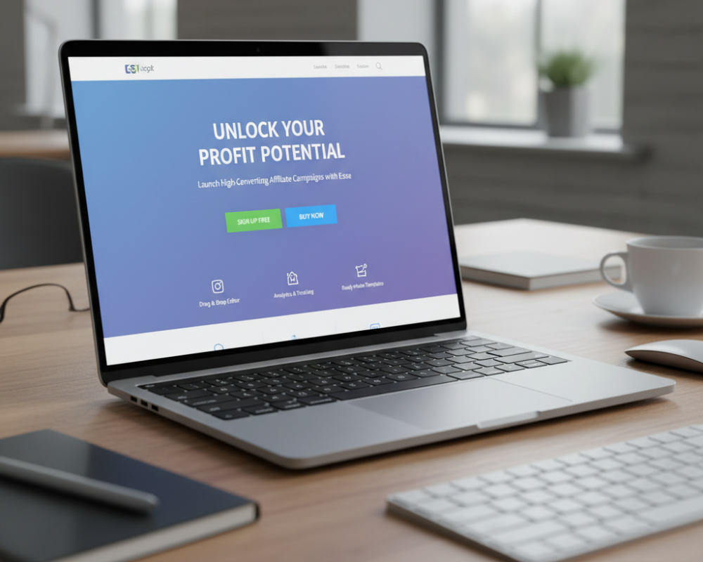 A digital marketer is designing a high-converting landing page using an online builder platform. The image illustrates how affiliate marketers can create visually appealing and effective pages to boost traffic, leads, and sales through their campaigns.