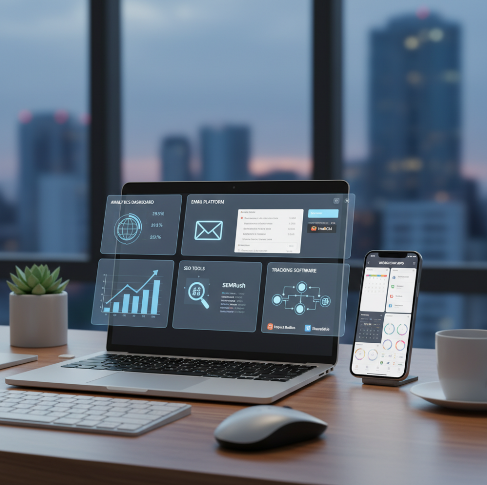 “Modern digital workspace showing key affiliate marketing tools including analytics dashboards, email marketing platforms, SEO tools, tracking software, and workflow apps displayed across a laptop and smartphone setup