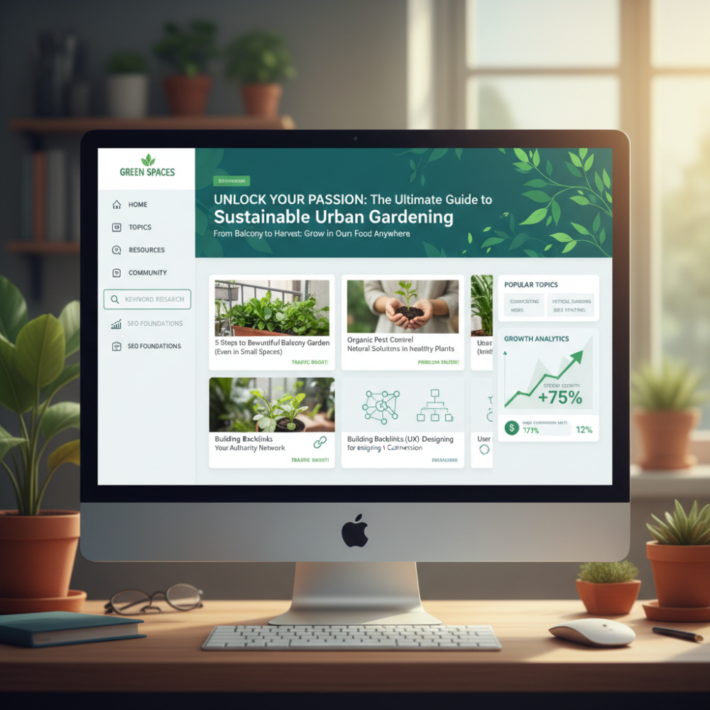 Modern digital workspace showing a laptop with a niche website dashboard on screen, surrounded by floating icons of SEO, keyword research, analytics, content strategy, and backlinks, with an upward arrow symbolizing high website traffic growth