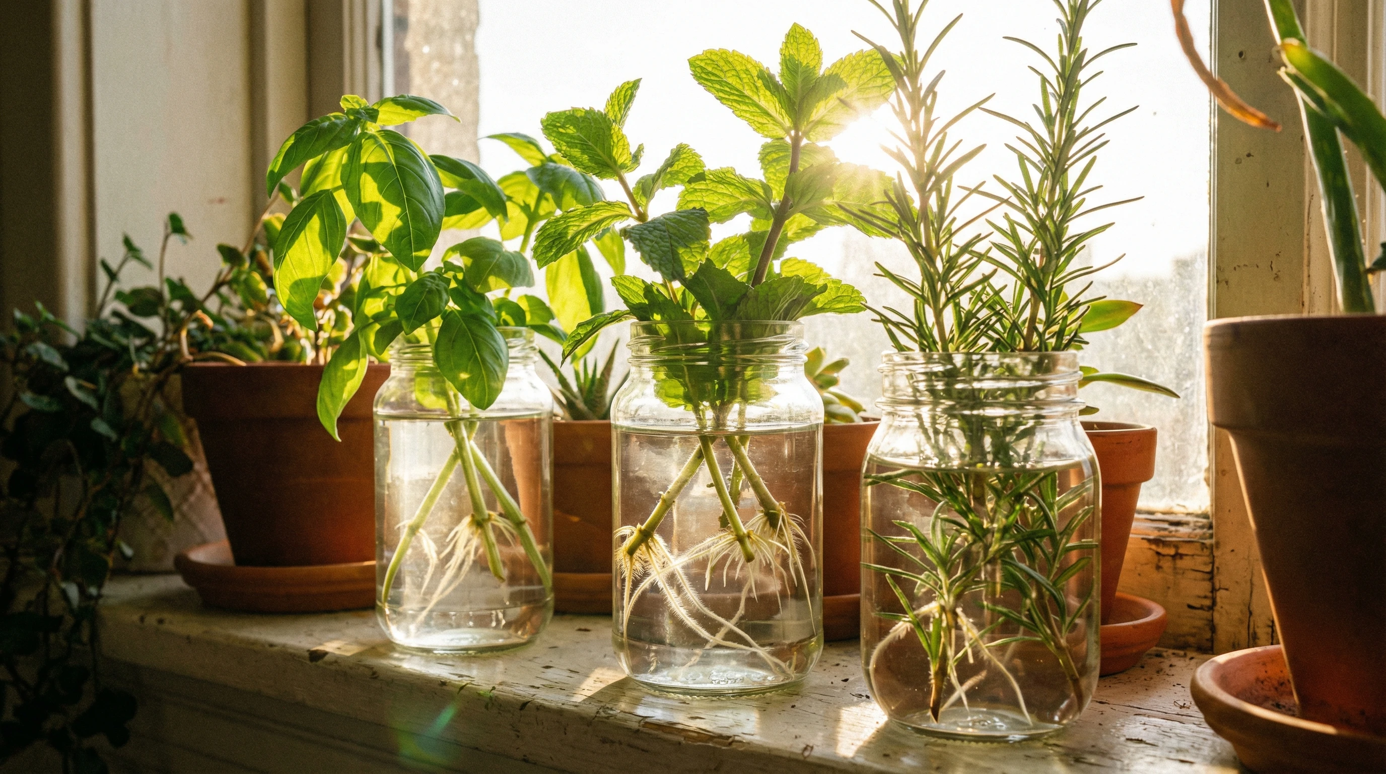 A close-up photo showing assorted herb cuttings (like basil, mint, and rosemary) in glass jars of clear water on a bright windowsill. There are visible healthy white roots starting to form from the stems, with sunlight streaming through the leaves.