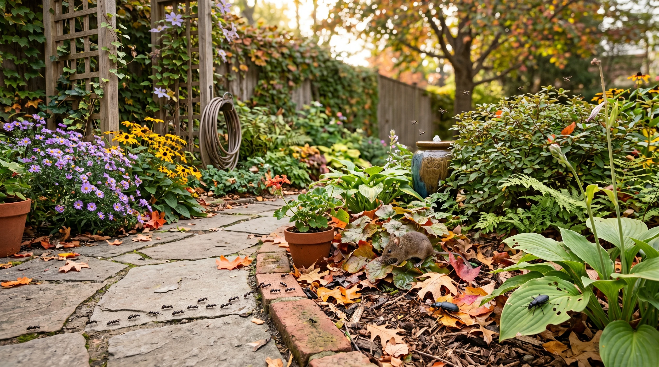 Illustration of various seasonal pests like ants, mosquitoes, mice, and beetles in a backyard setting