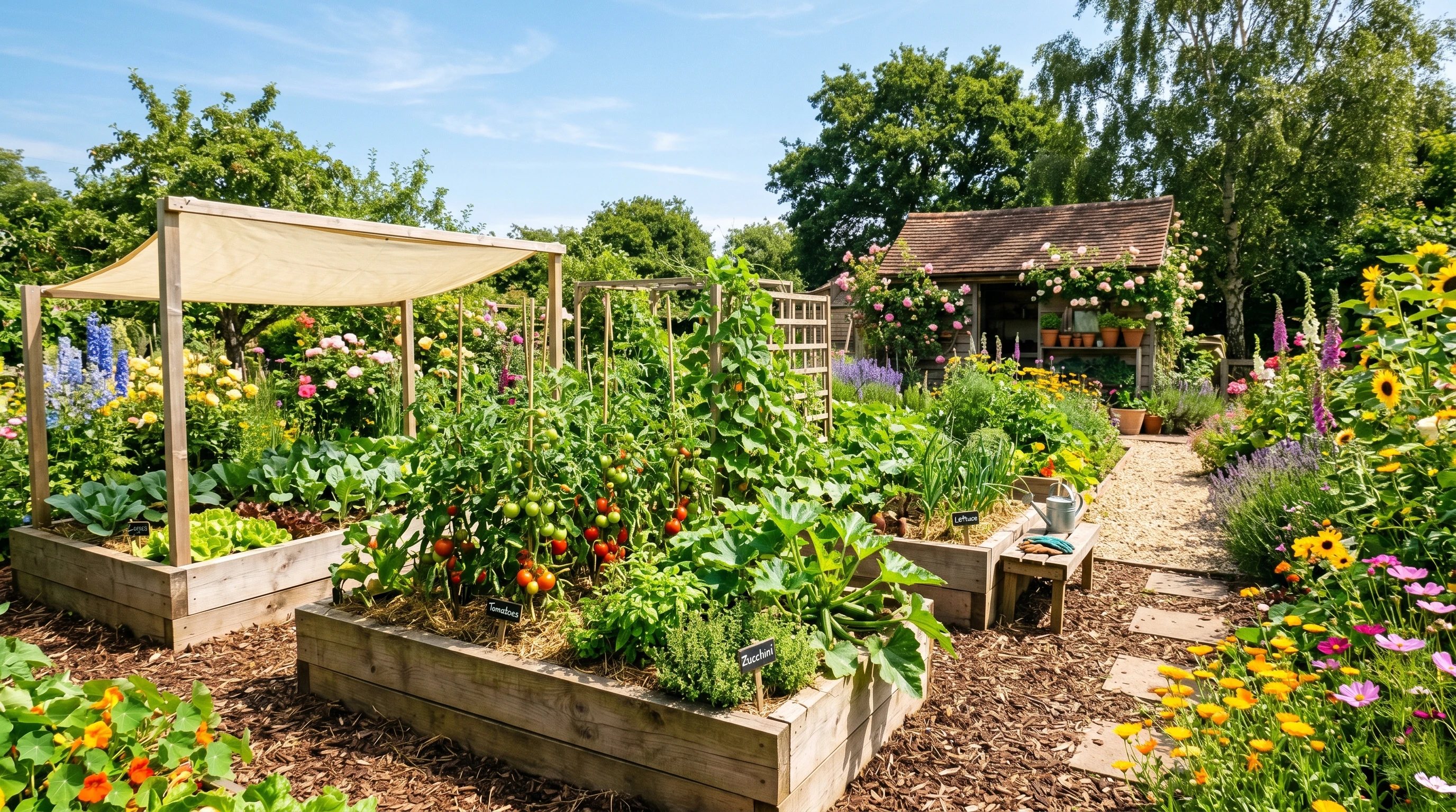 Lush summer garden with shaded beds, mulch, and colorful flowers thriving under dappled sunlight