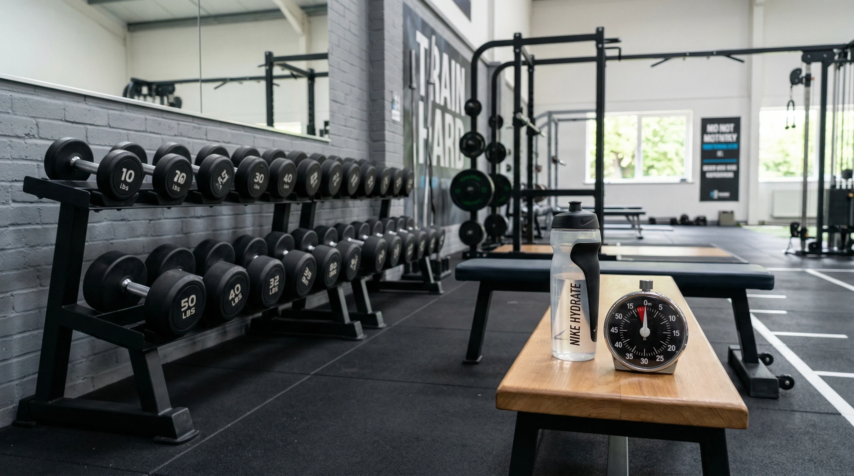 Beginner gym setup illustrating how to structure workout rest periods using a timer between sets