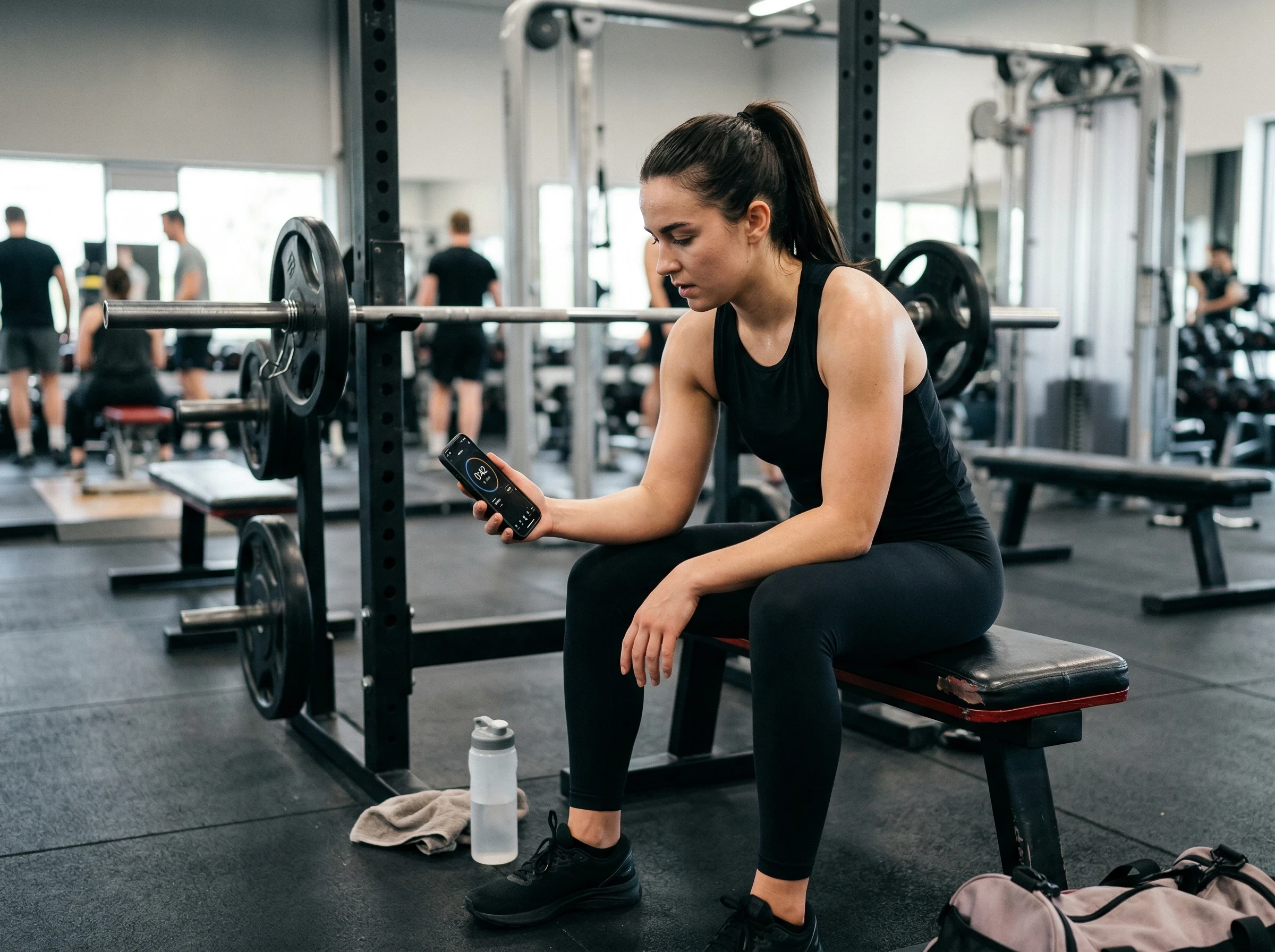 Athlete using a timer to show how to structure workout rest periods for consistent strength training progress