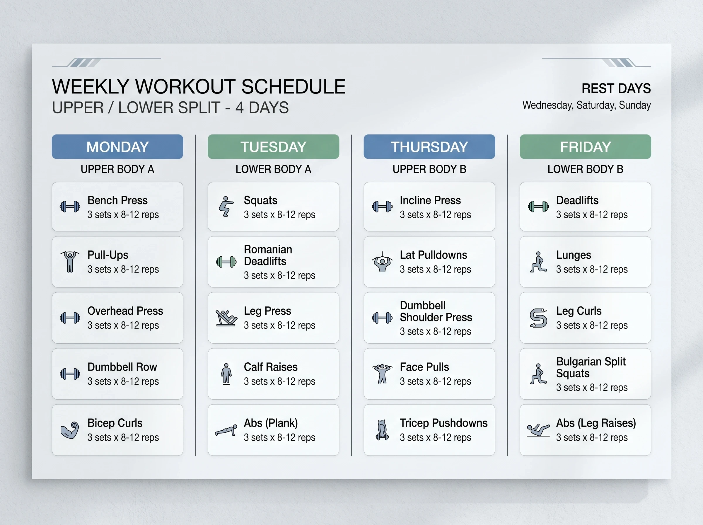 4 Day Workout Routine For Beginners upper lower split schedule