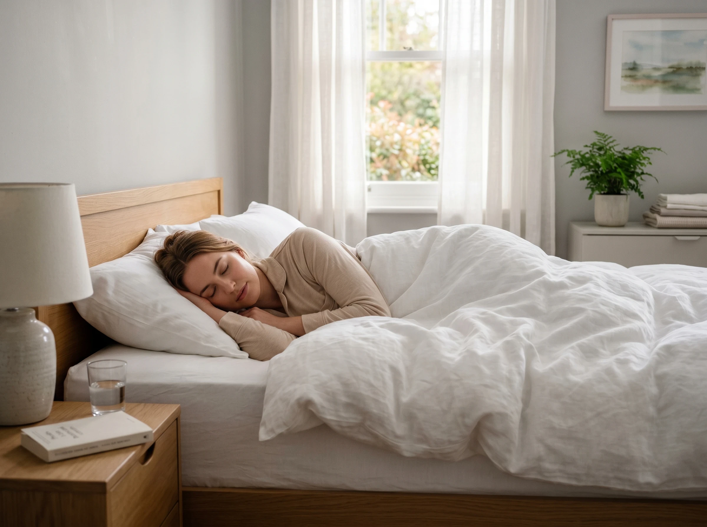 Person sleeping peacefully in a clean bedroom, soft lighting, calm environment representing recovery and rest
