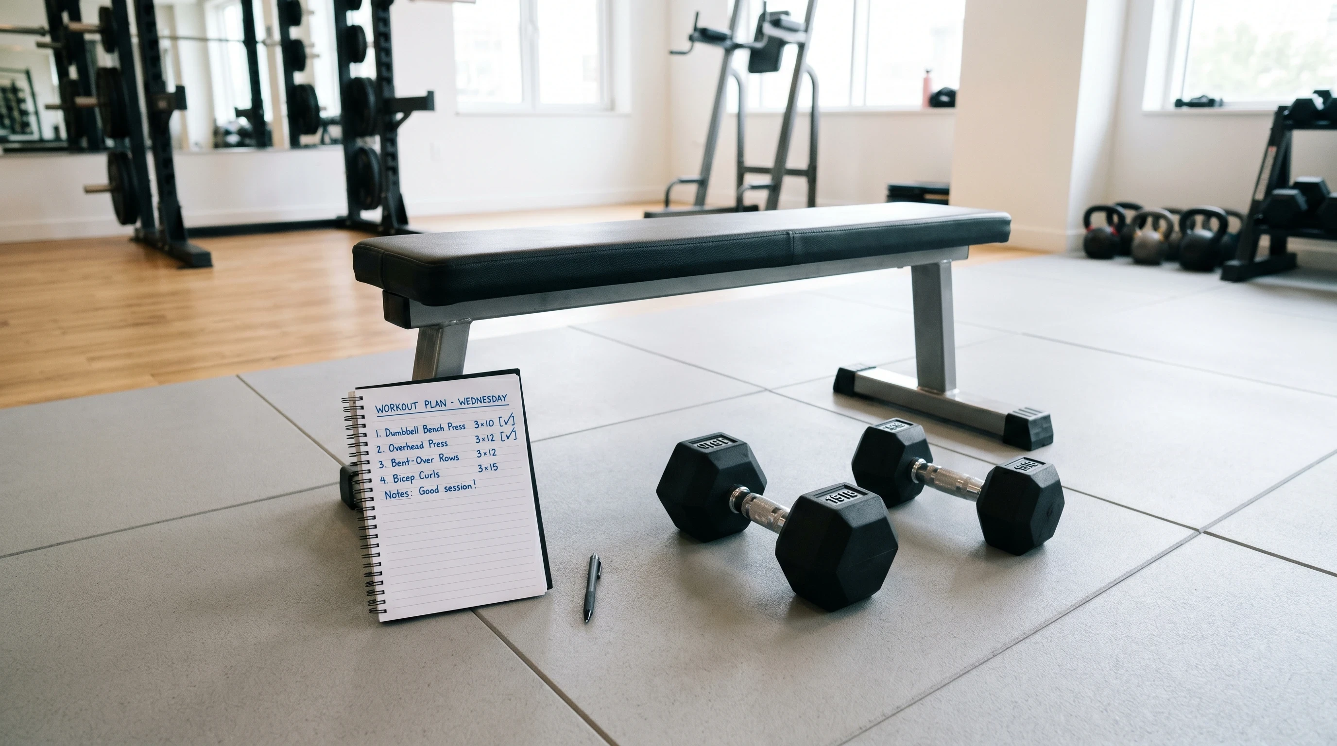 Full Body Workout Plan For Beginners with dumbbells, bench, and workout notebook