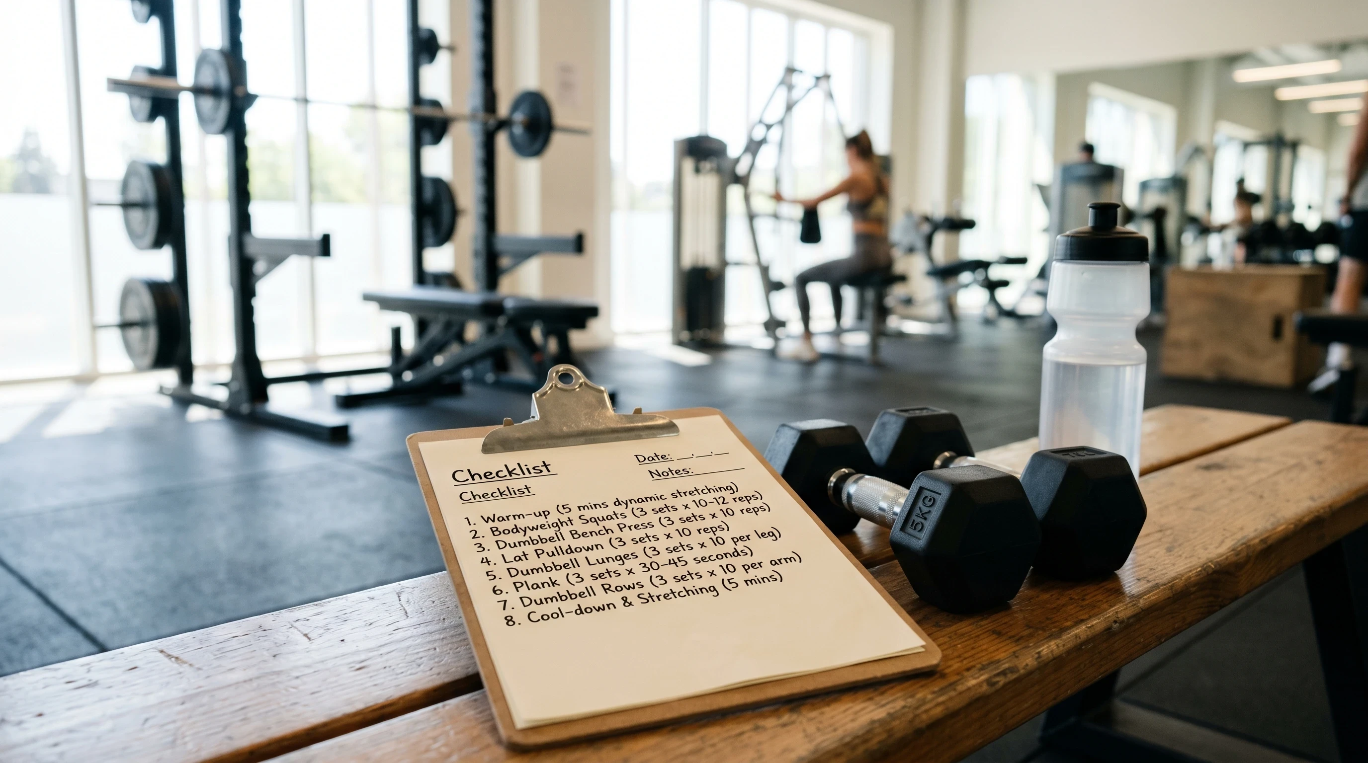 Full Body Workout Plan For Beginners checklist with dumbbells and gym equipment