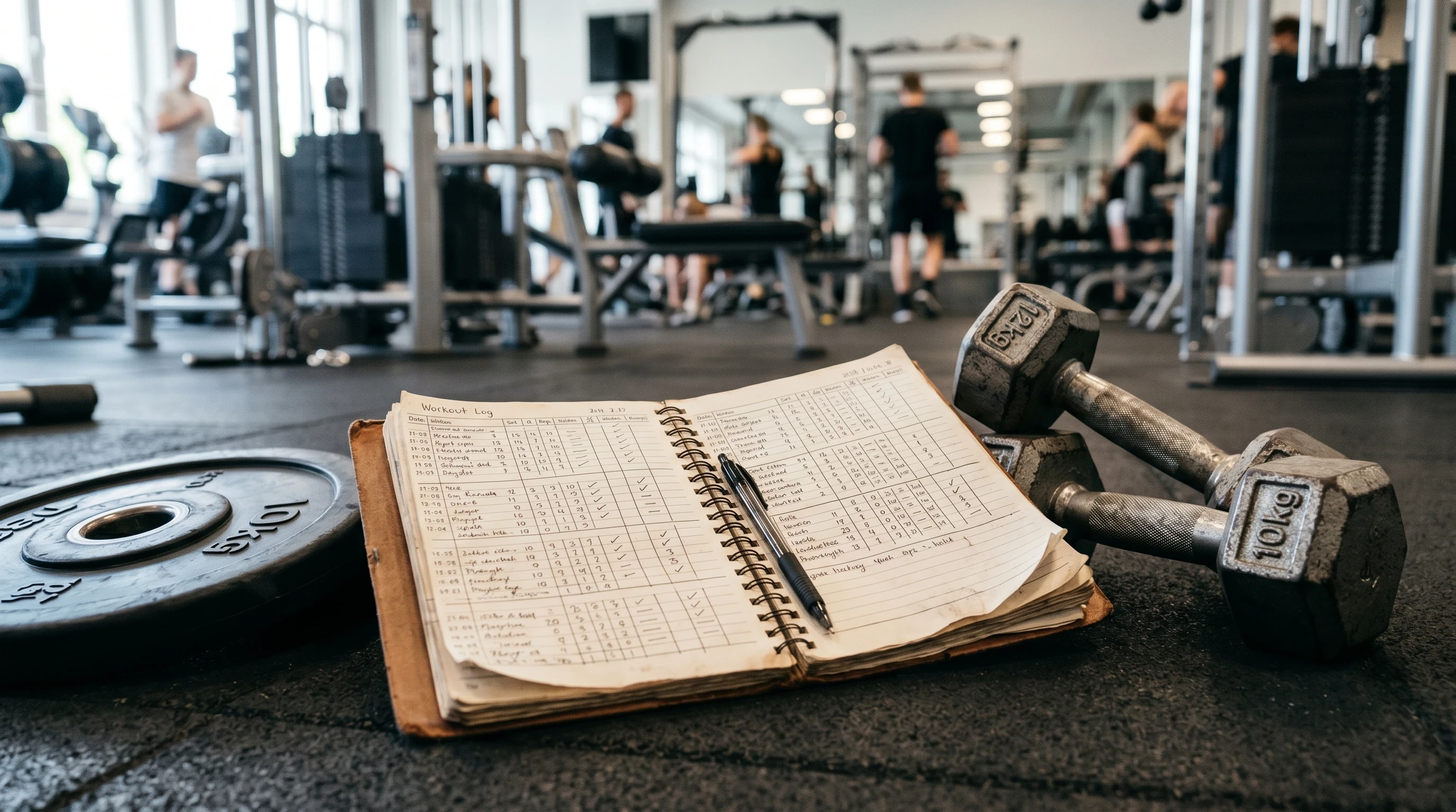 Full Body Workout Plan For Beginners progress tracking with workout log and dumbbells