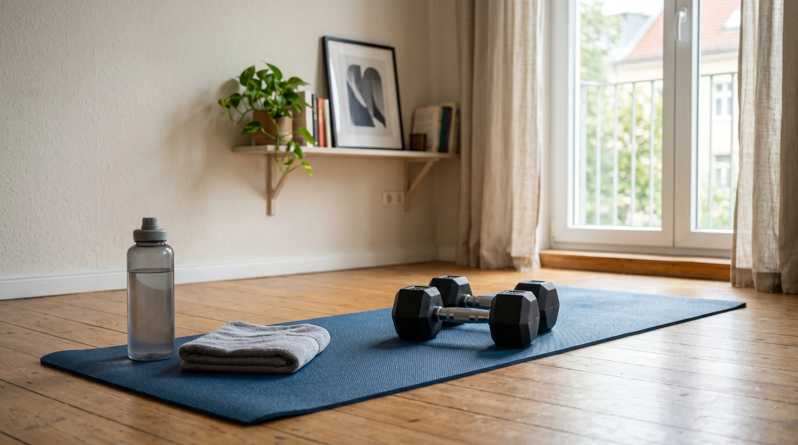 Beginner Dumbbell Workout At Home setup with dumbbells on an exercise mat