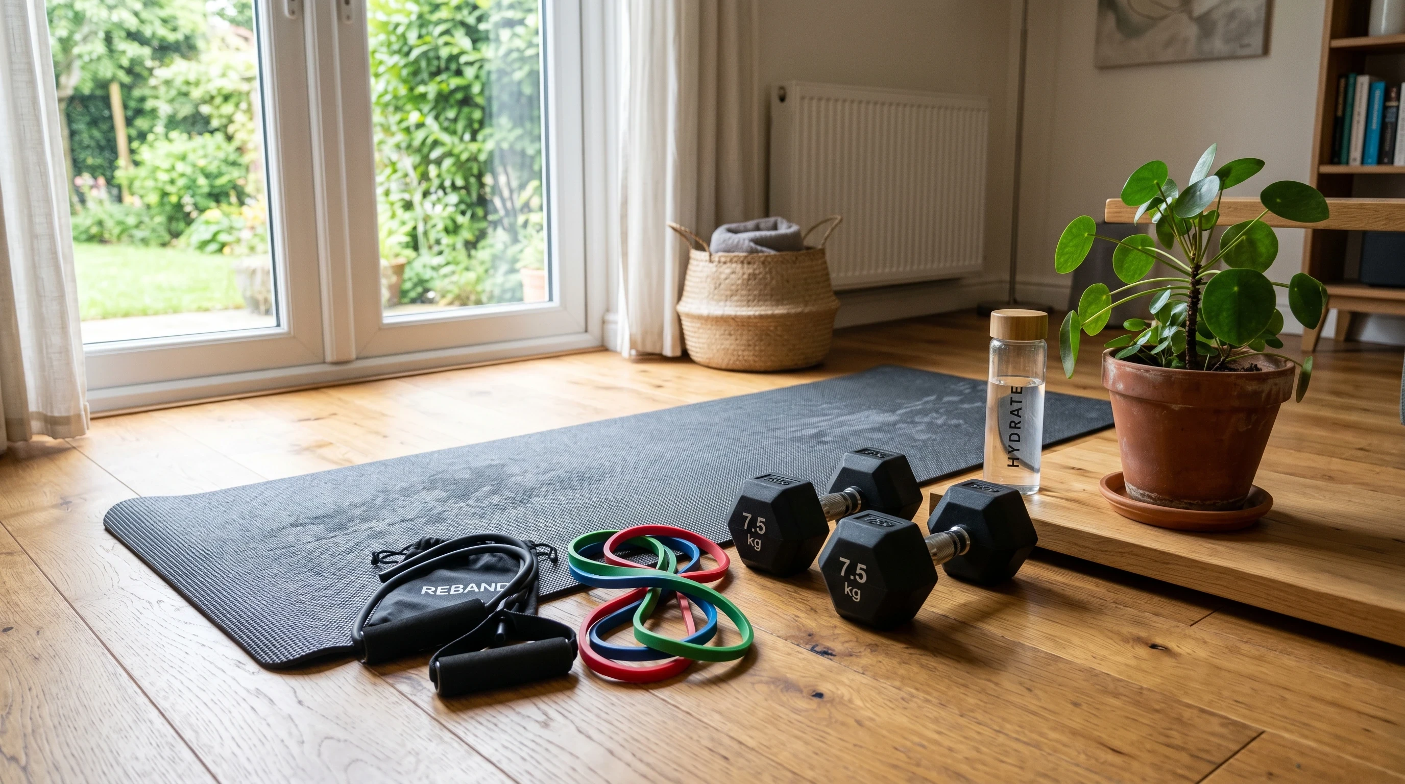 How To Build Muscle At Home For Beginners using dumbbells and resistance bands in a realistic home workout setup