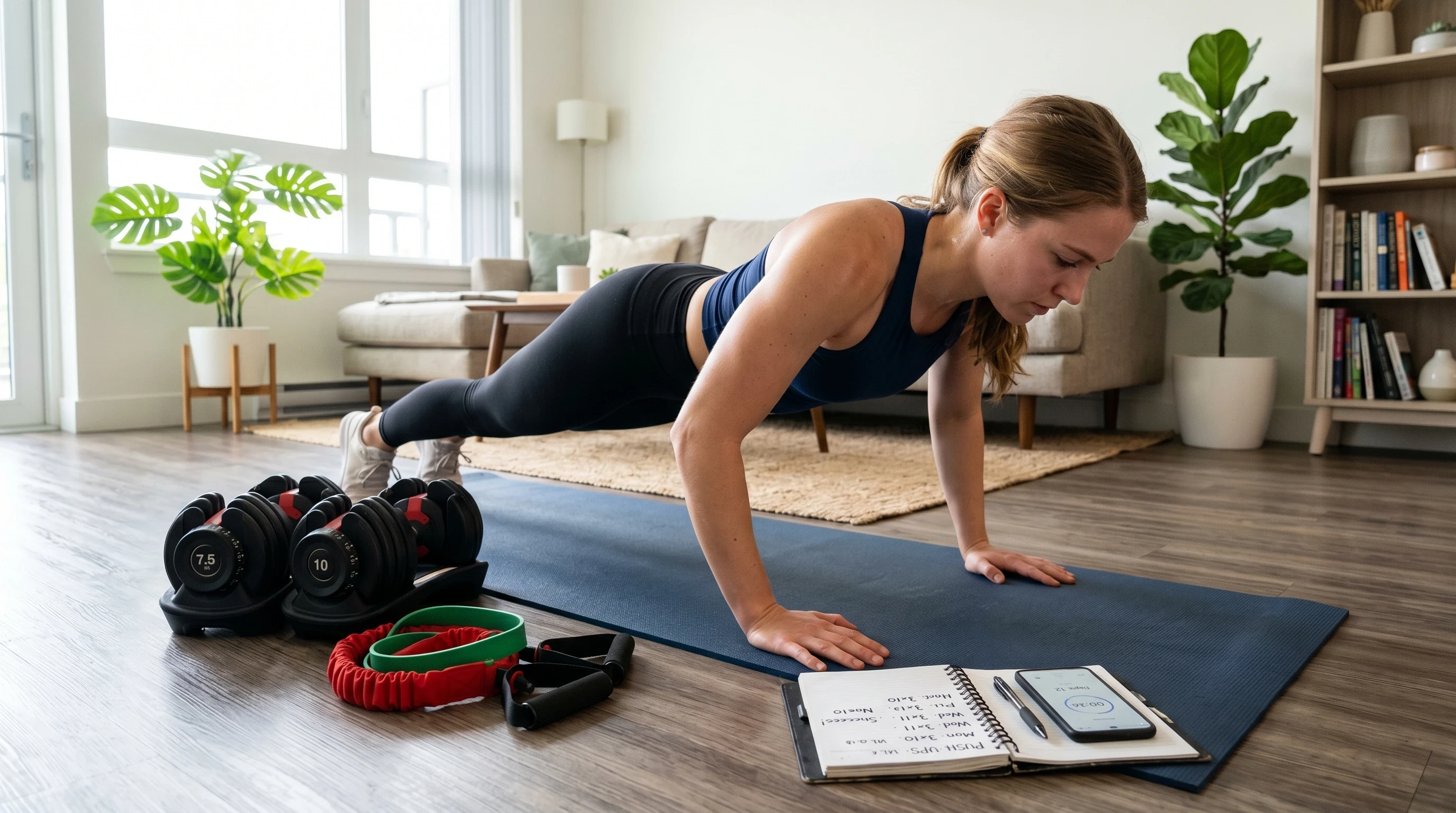 How To Build Muscle At Home For Beginners with progressive overload using pushups, resistance bands, and dumbbells