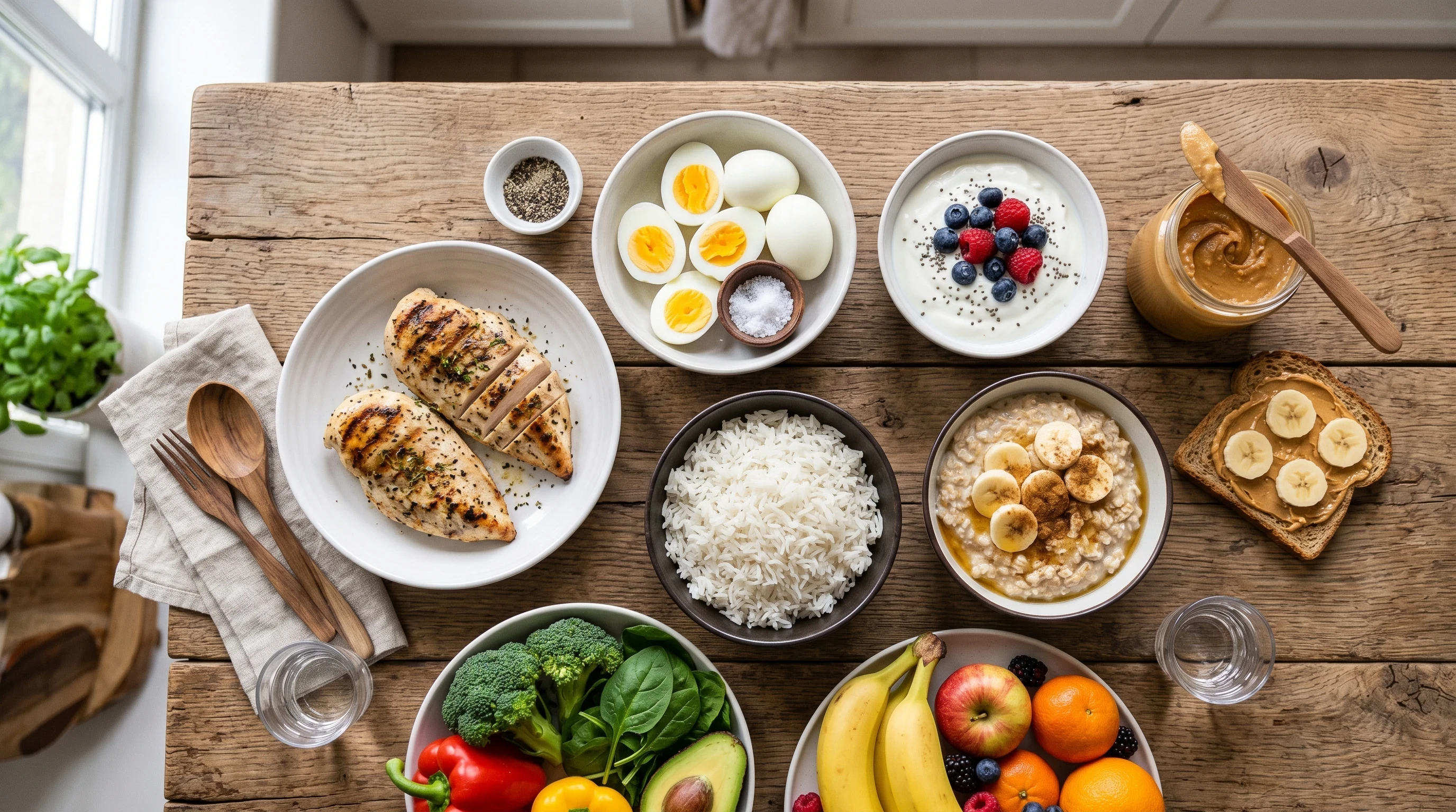 Best Foods For Building Muscle For Beginners including chicken, eggs, rice, oatmeal, fruit, vegetables, and other muscle-building foods