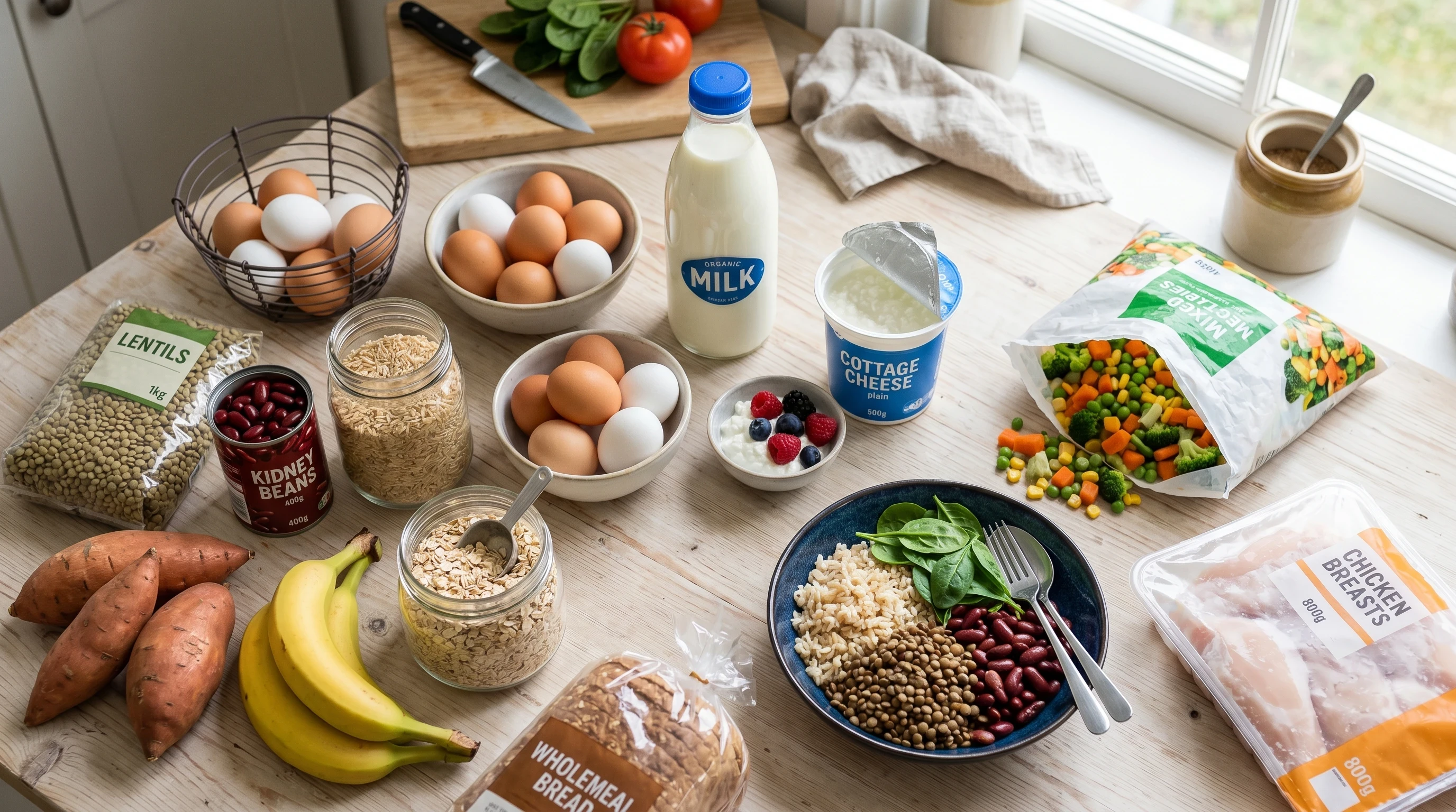 Best Foods For Building Muscle For Beginners featuring affordable foods like eggs, milk, beans, lentils, cottage cheese, and vegetables