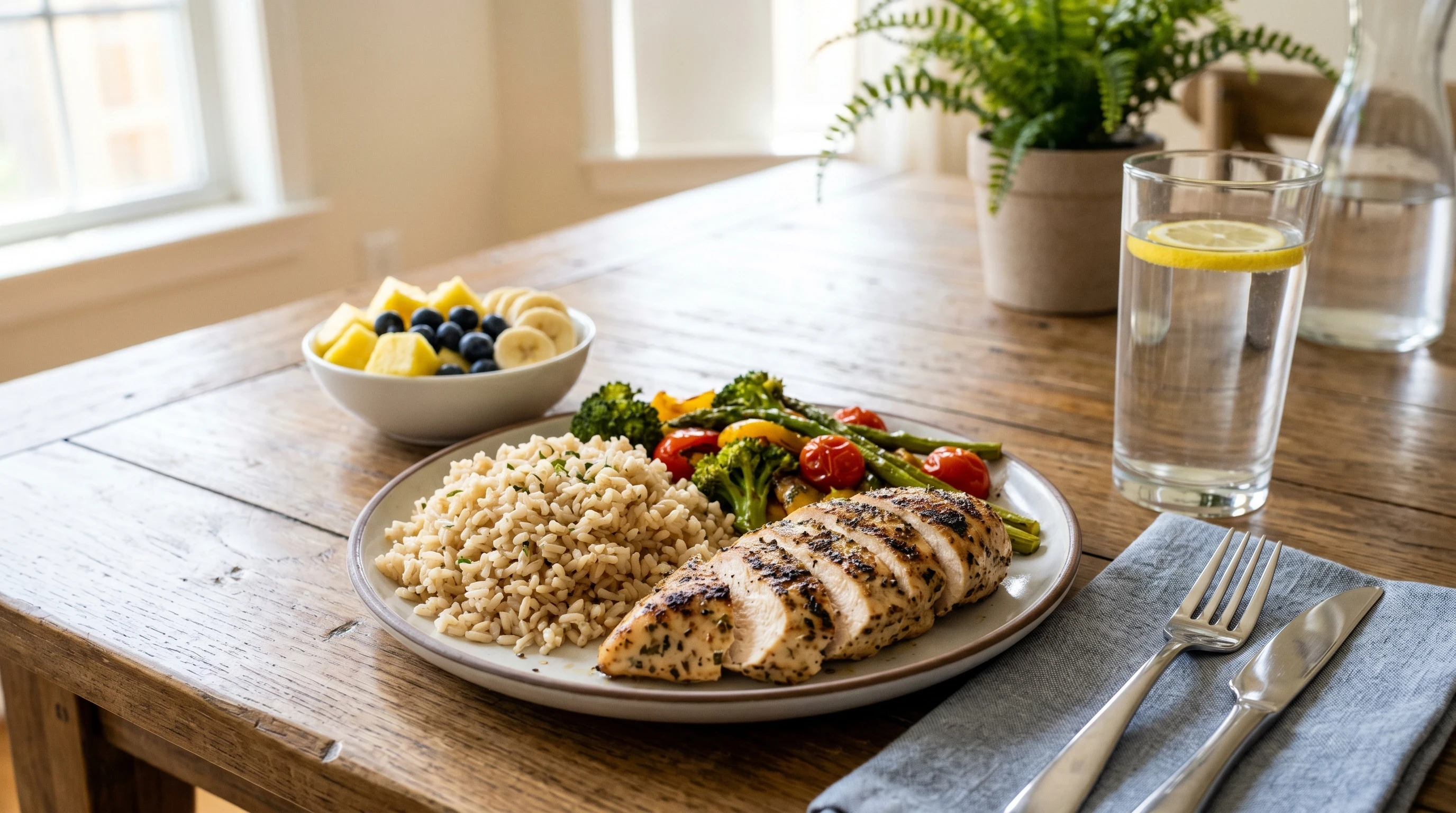 Best Foods For Building Muscle For Beginners shown as a balanced meal with protein, carbohydrates, fruits, and vegetables