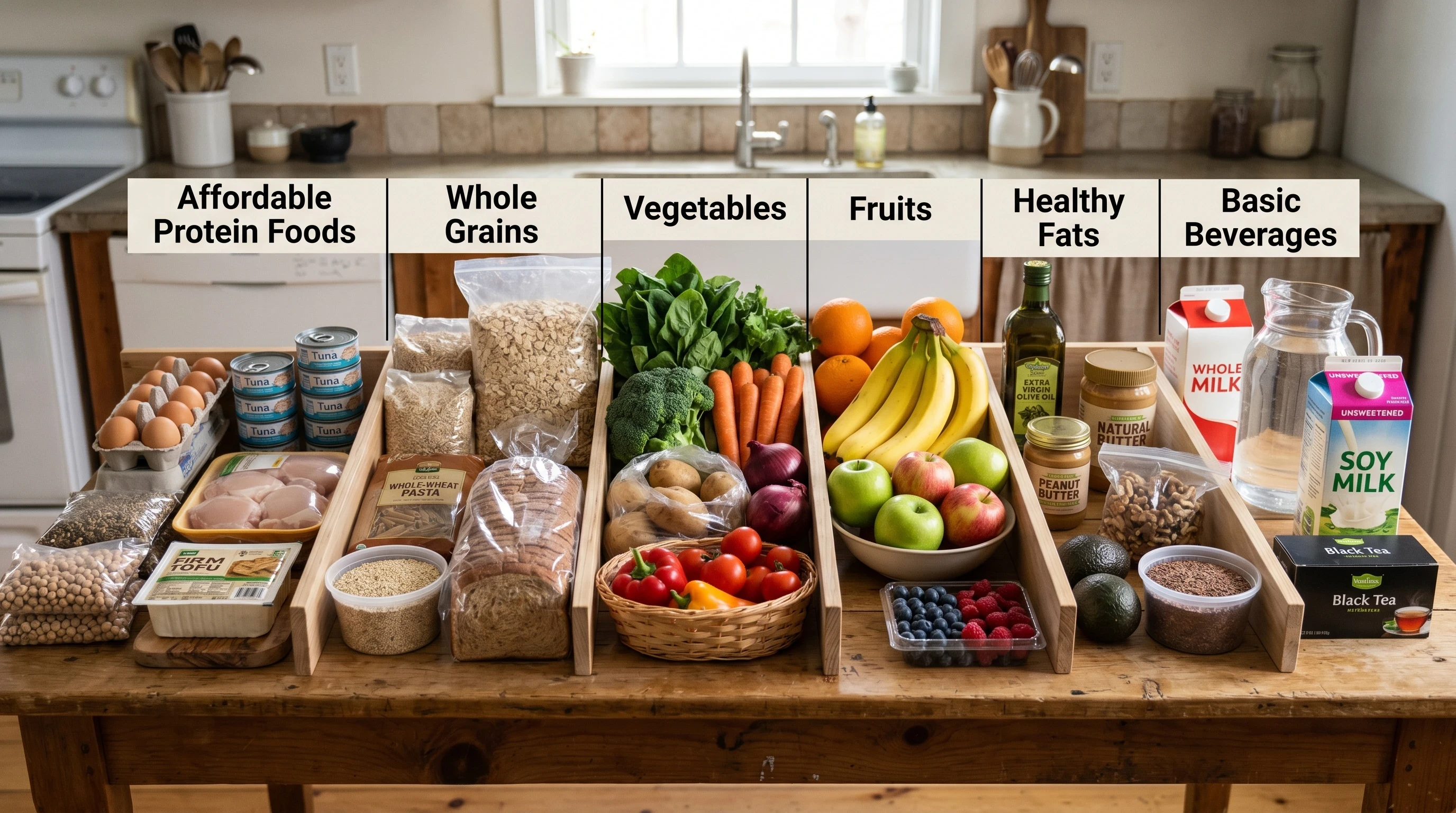 Muscle Building Grocery List For Beginners showing affordable protein foods, grains, fruits, vegetables, healthy fats, and beverages