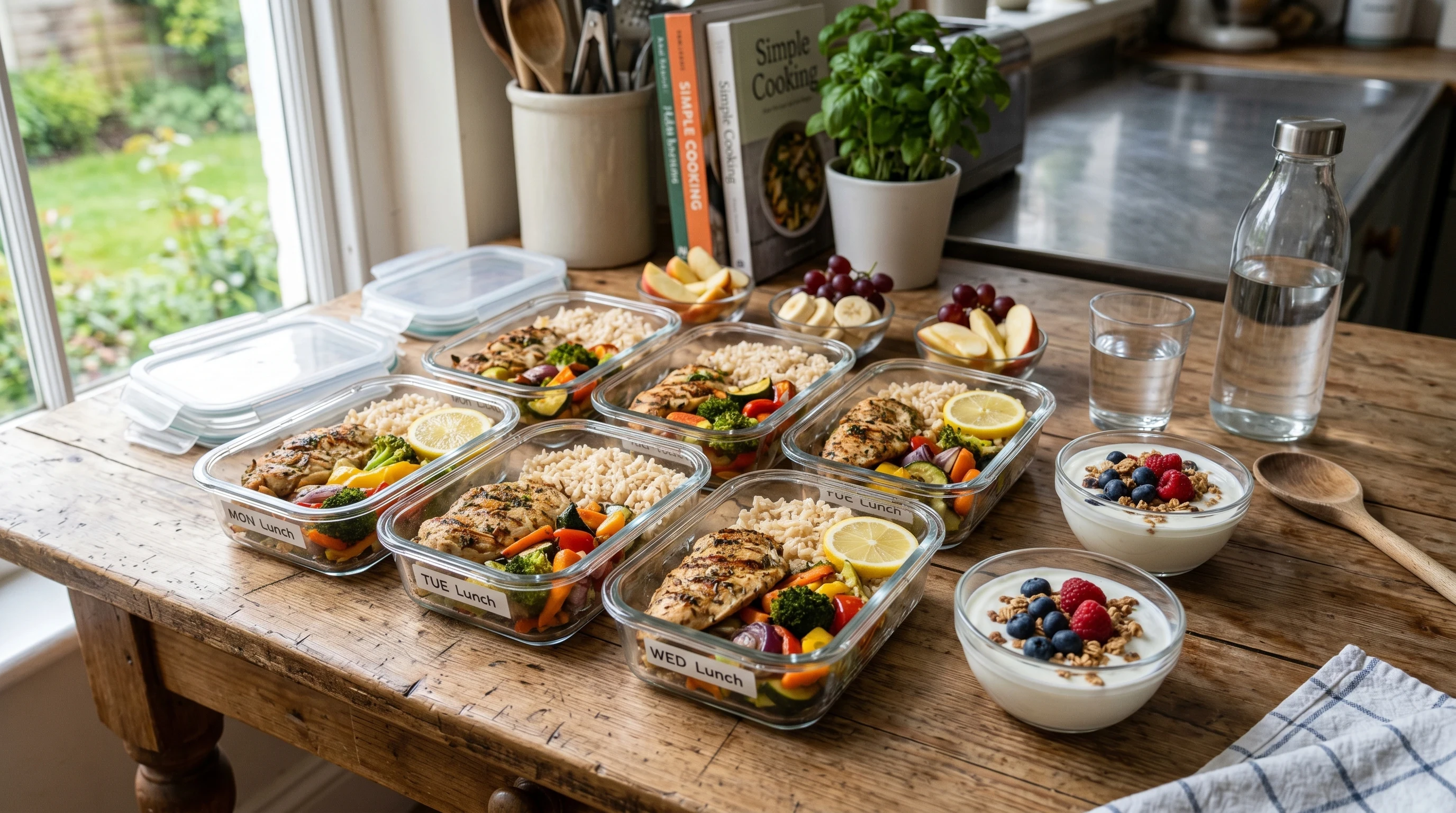 Muscle Building Grocery List For Beginners meal example with chicken, rice, vegetables, fruit, and Greek yogurt