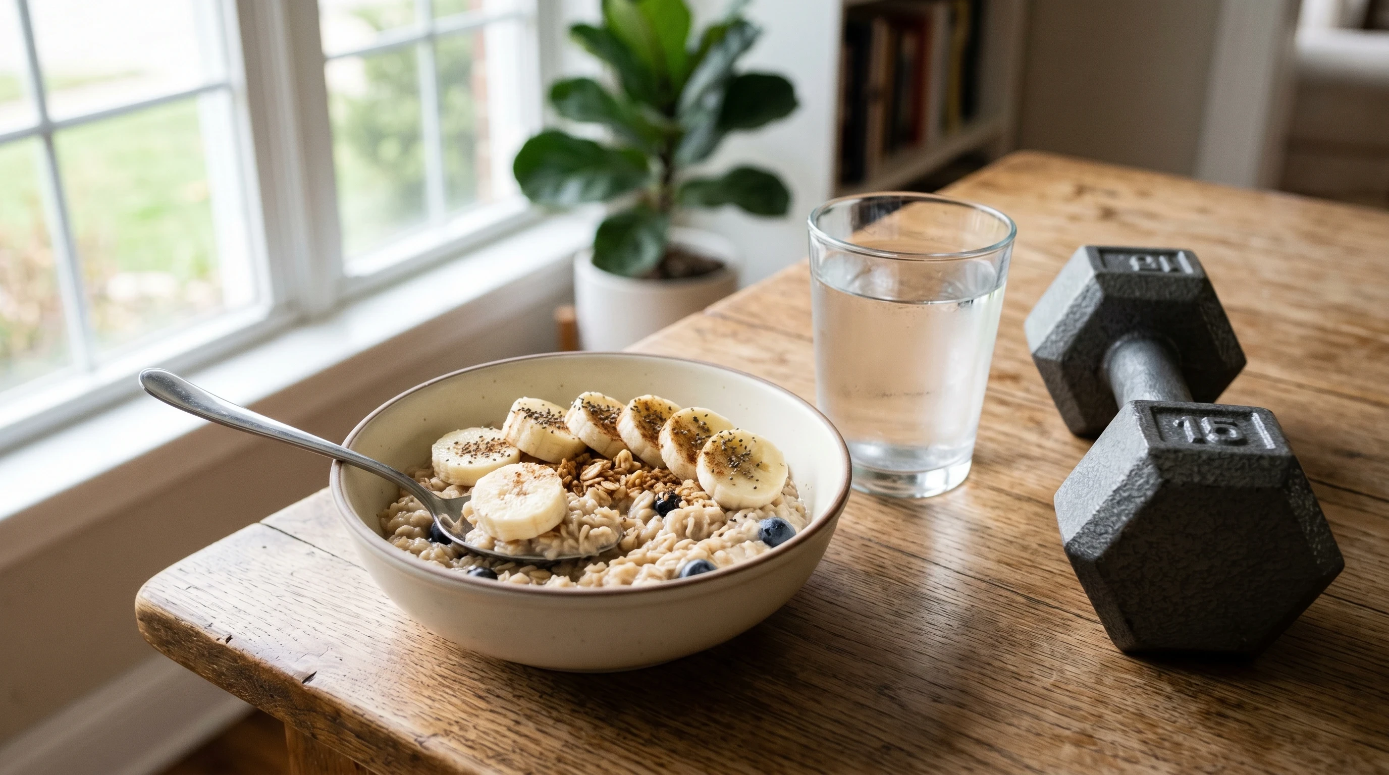 Pre-workout Nutrition For Muscle Growth with oats, banana, water, and dumbbells before training