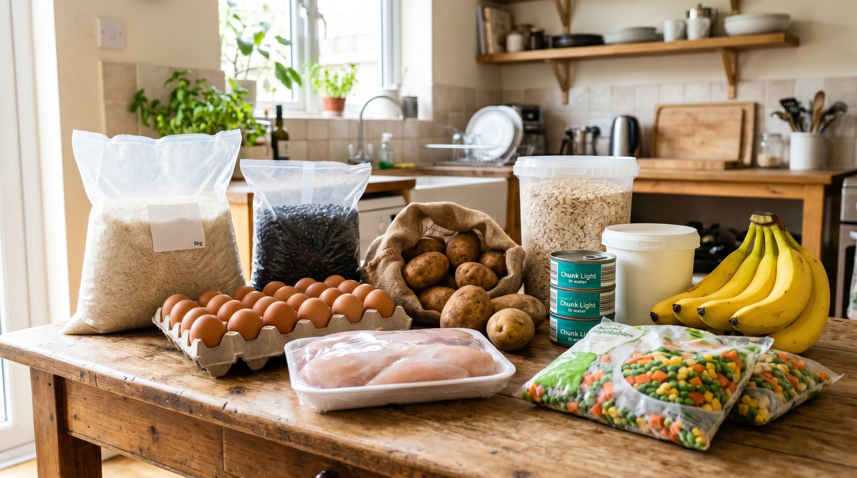 Cheap Bulk Meal Recipes For Beginners featuring affordable muscle-building foods including rice, eggs, chicken, potatoes, tuna, bananas, and vegetables