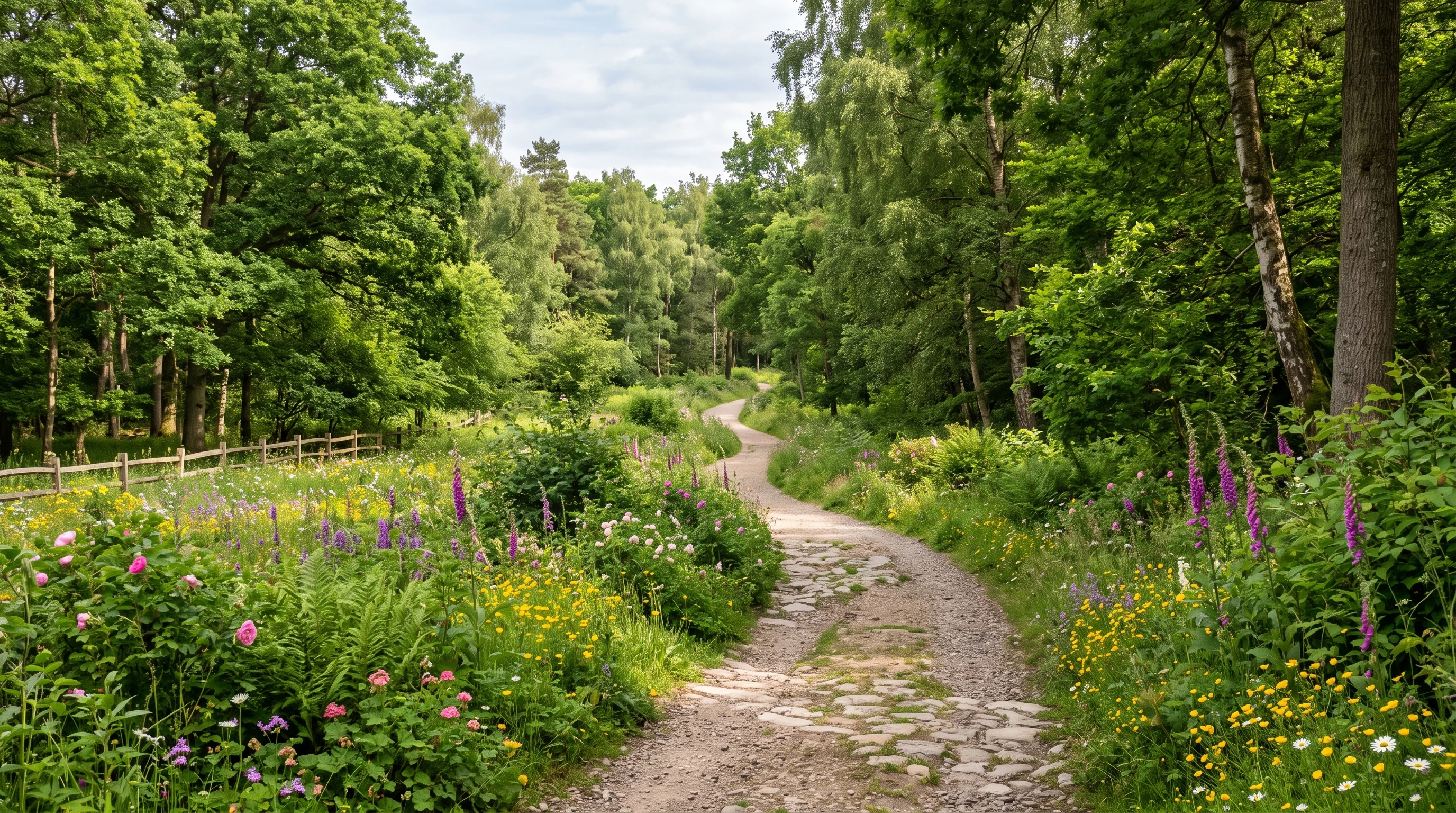 Scenic walking path with greenery and flowers; calming and inviting nature view