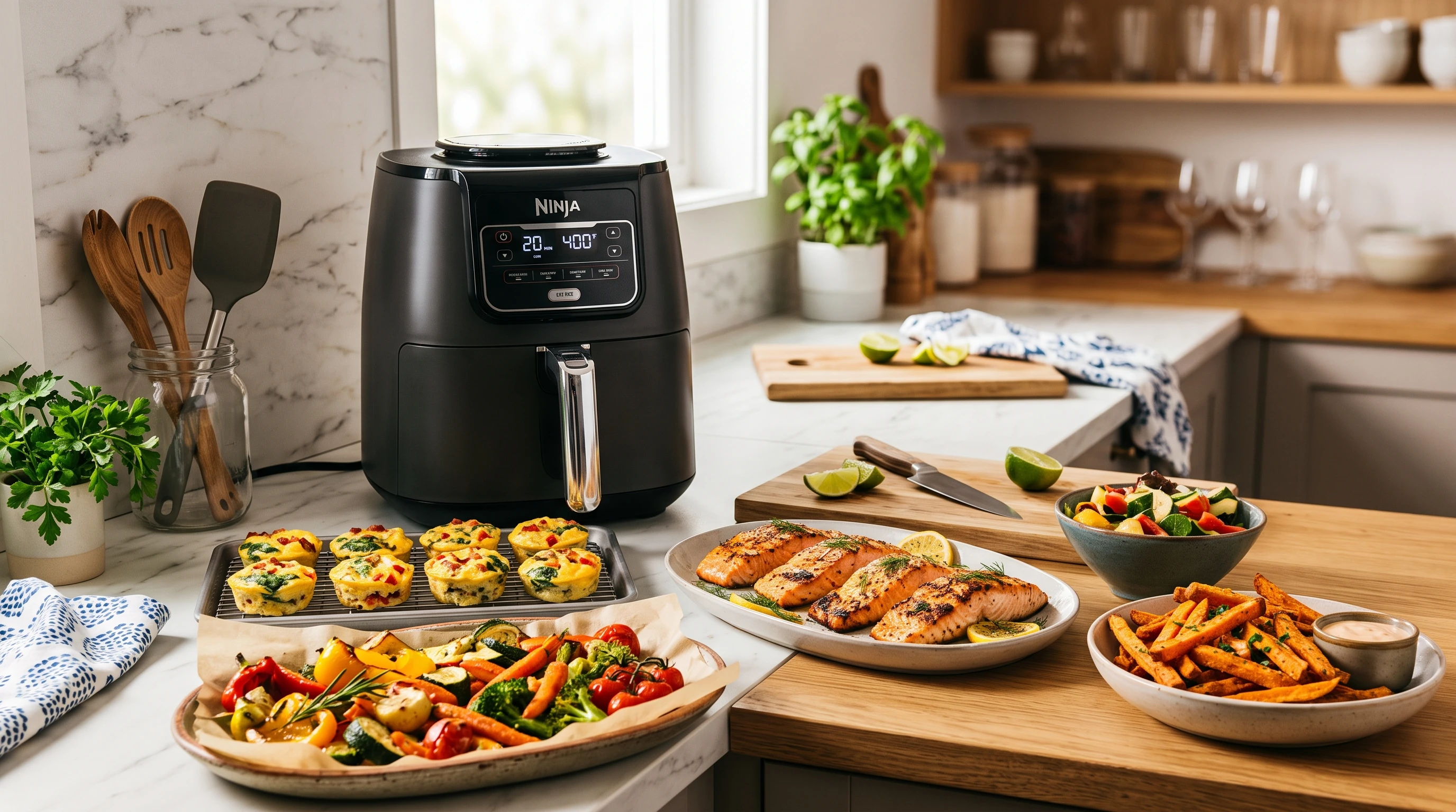 Air fryer with colorful healthy meals for a family