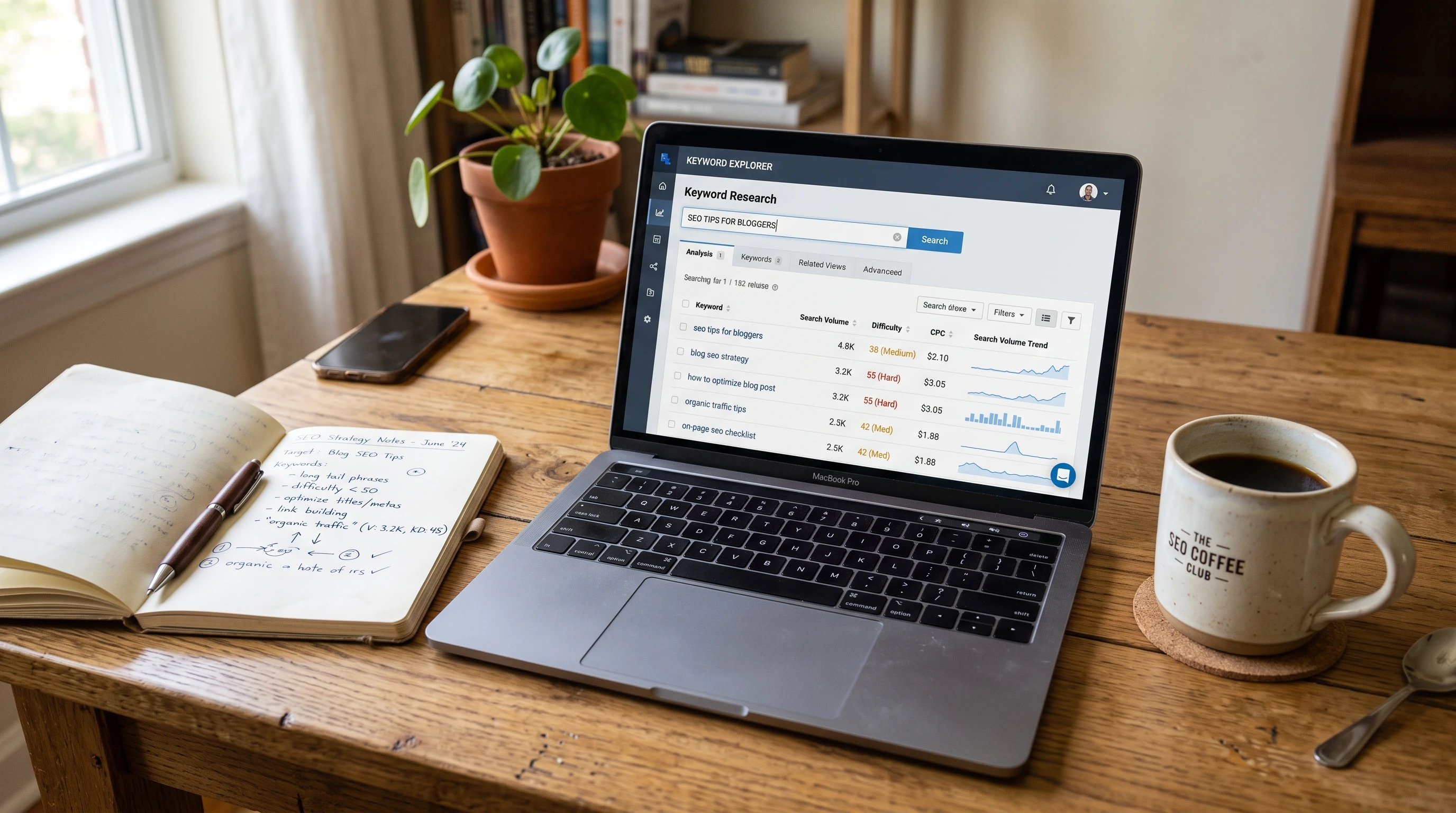 A laptop open to a keyword research tool, with handwritten notes and a mug of coffee beside it on a wooden desk.