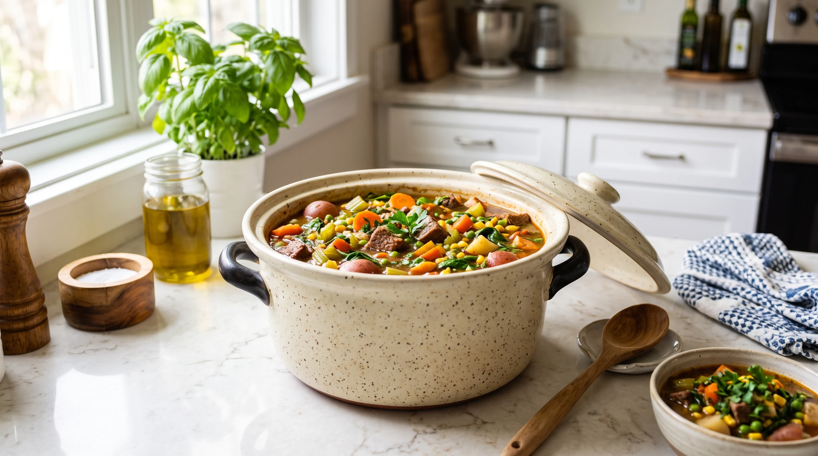 Colorful slow cooker dinner on the kitchen counter, with vibrant veggies and lean protein