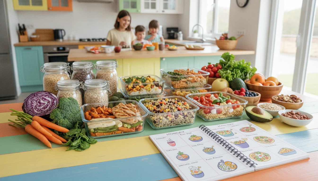 A colorful table filled with healthy family meals, meal planners, and grocery lists.