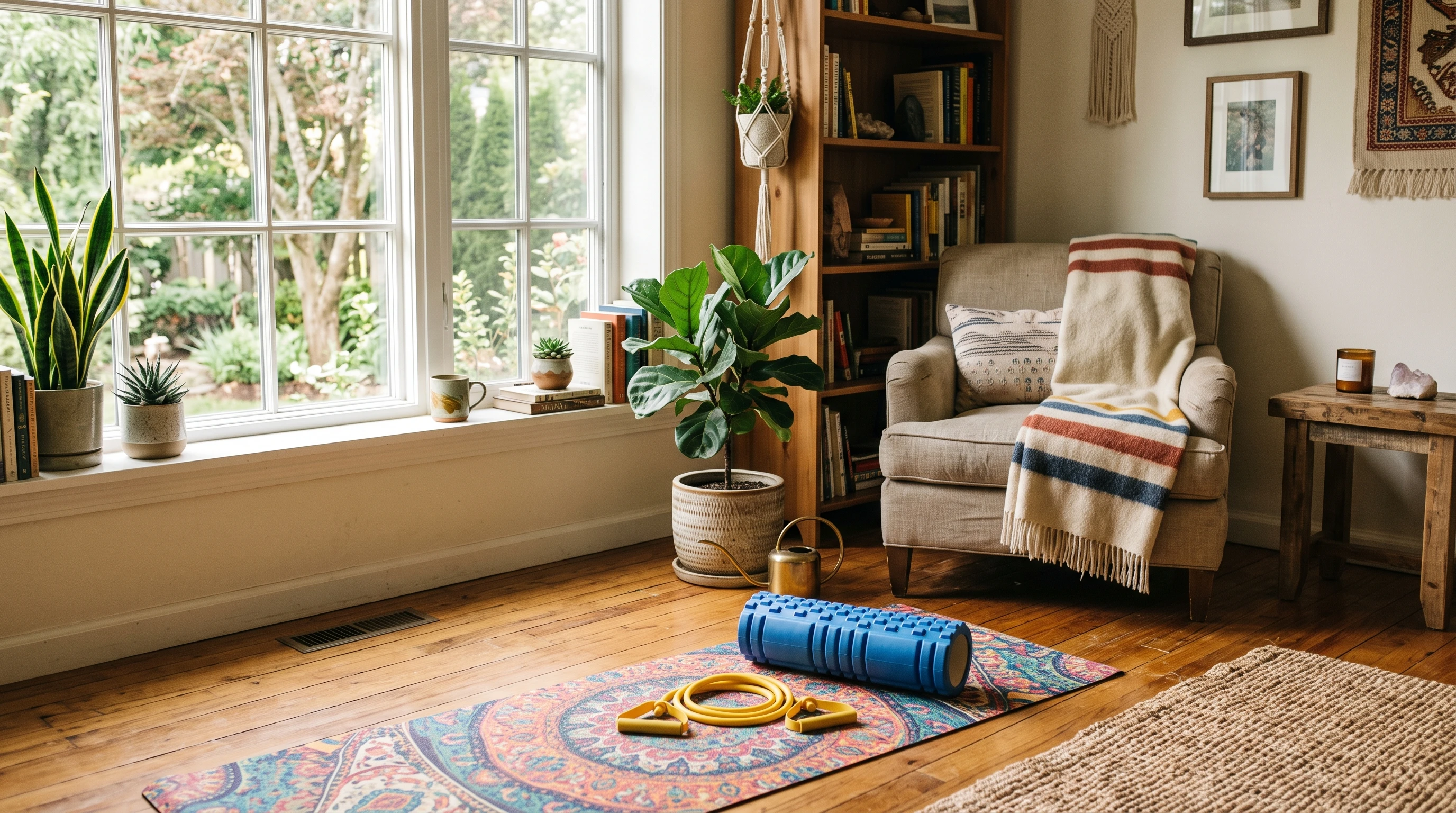 Colorful yoga mat and stretch band setup in a sunny living room