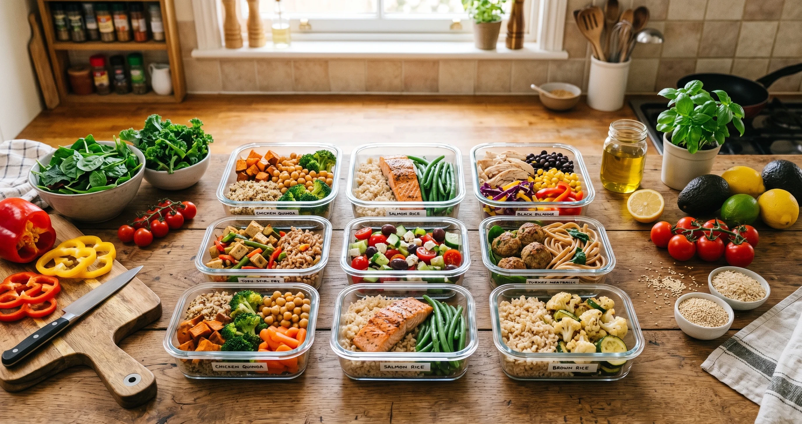 Healthy meal prep containers filled with balanced lunches on a kitchen table, including grilled chicken, salmon, vegetables, quinoa, pasta, salads, and fresh ingredients for easy healthy lunches for busy moms.