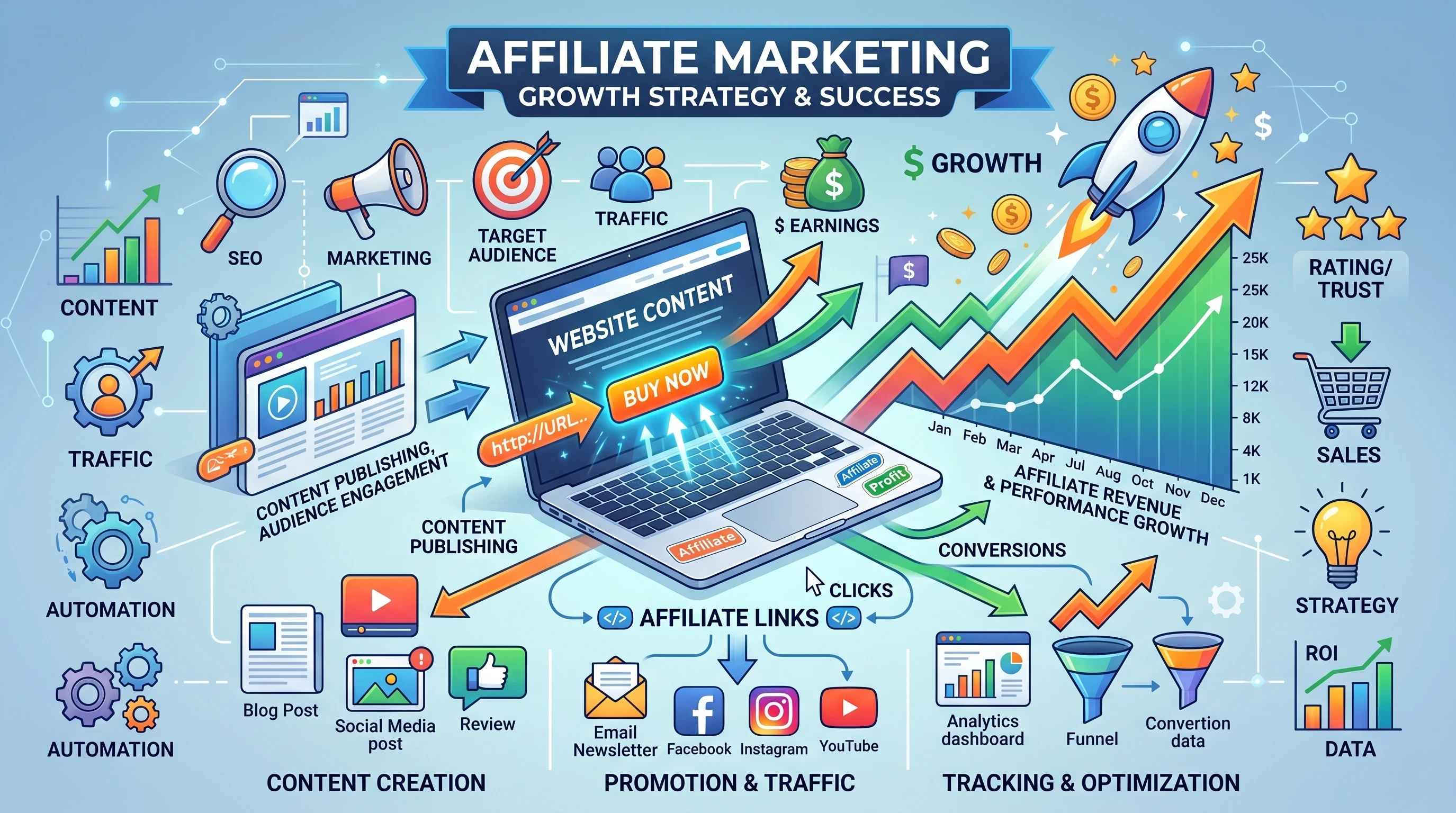 Affiliate marketing infographic showing website growth, SEO, social media promotion, traffic generation, conversions, and increasing sales through affiliate strategies.