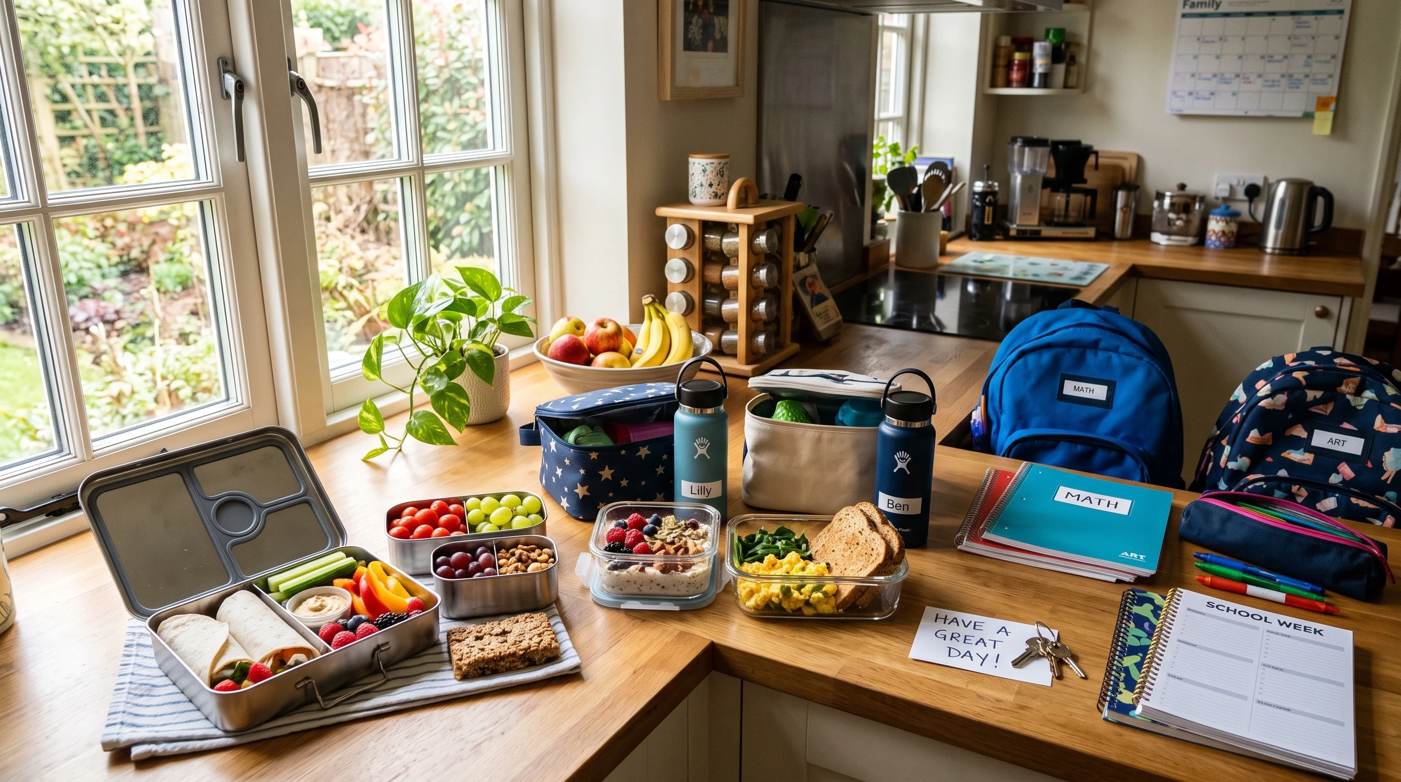 Colorful school supplies on a kitchen counter with healthy breakfast and lunch prep